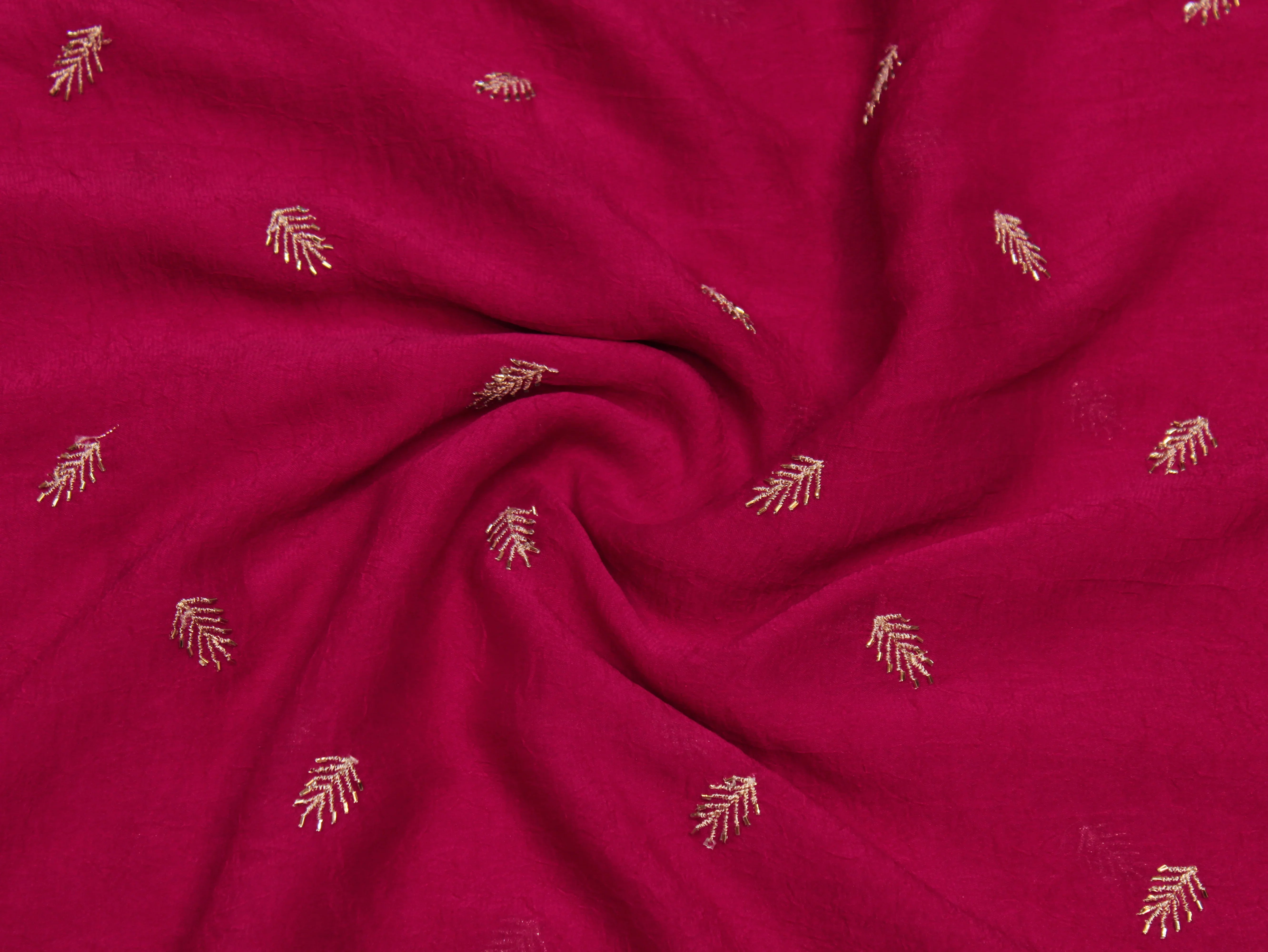 Chinon Silk Fabric — Rani | Gold Zari Feather Butti with Semi Beads | 44 Inch Width