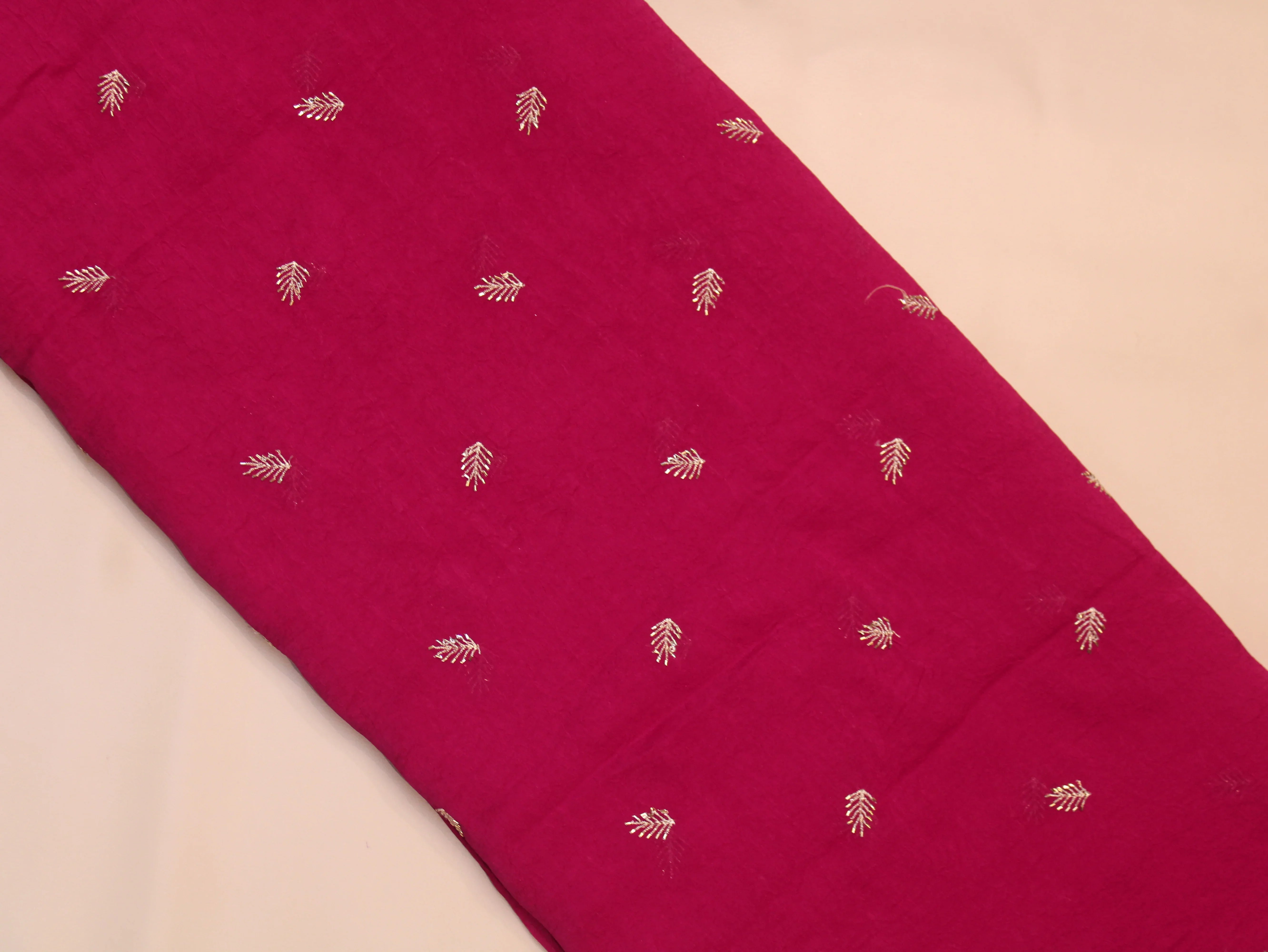 Chinon Silk Fabric — Rani | Gold Zari Feather Butti with Semi Beads | 44 Inch Width