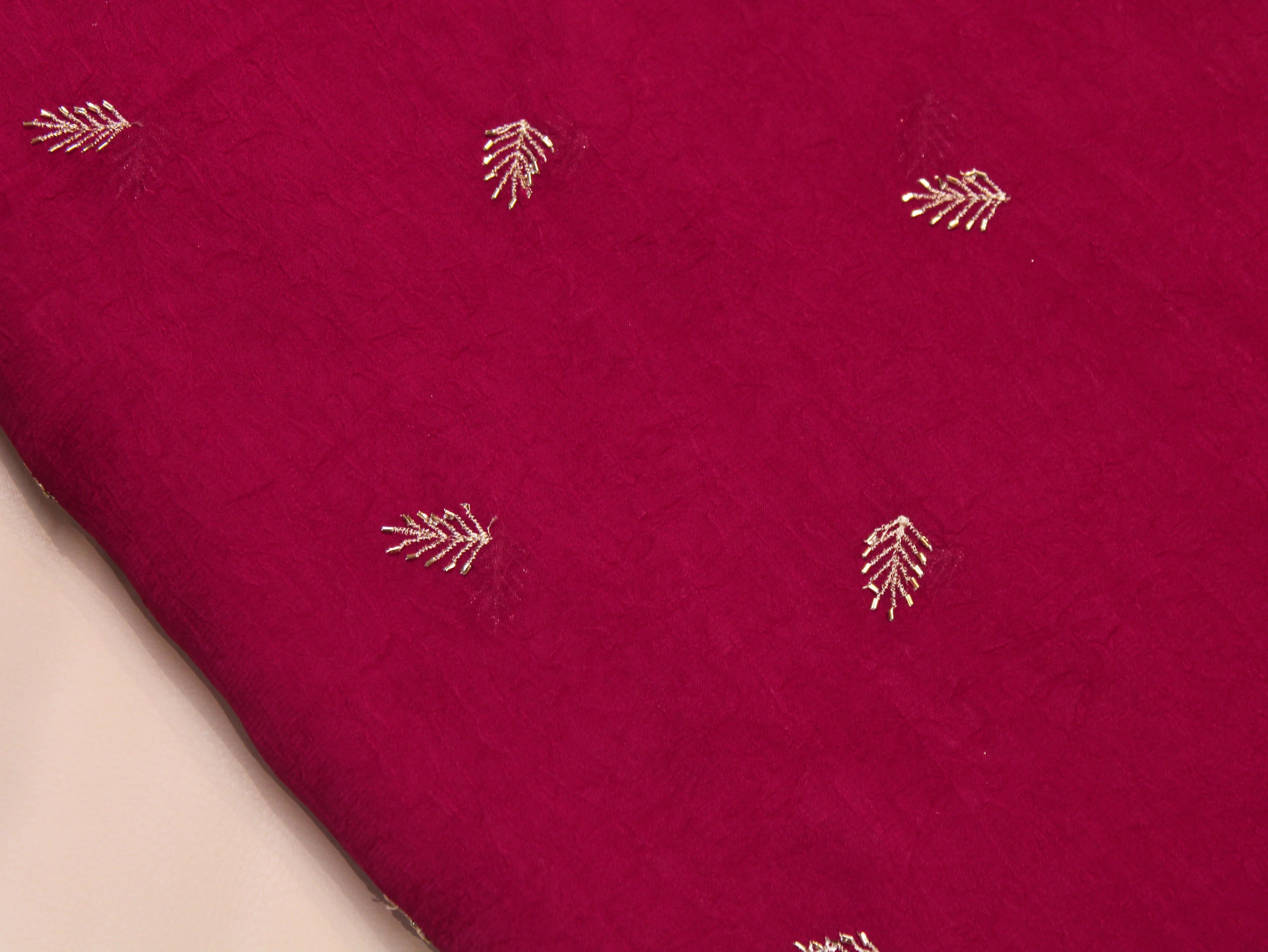 Chinon Silk Fabric — Rani | Gold Zari Feather Butti with Semi Beads | 44 Inch Width