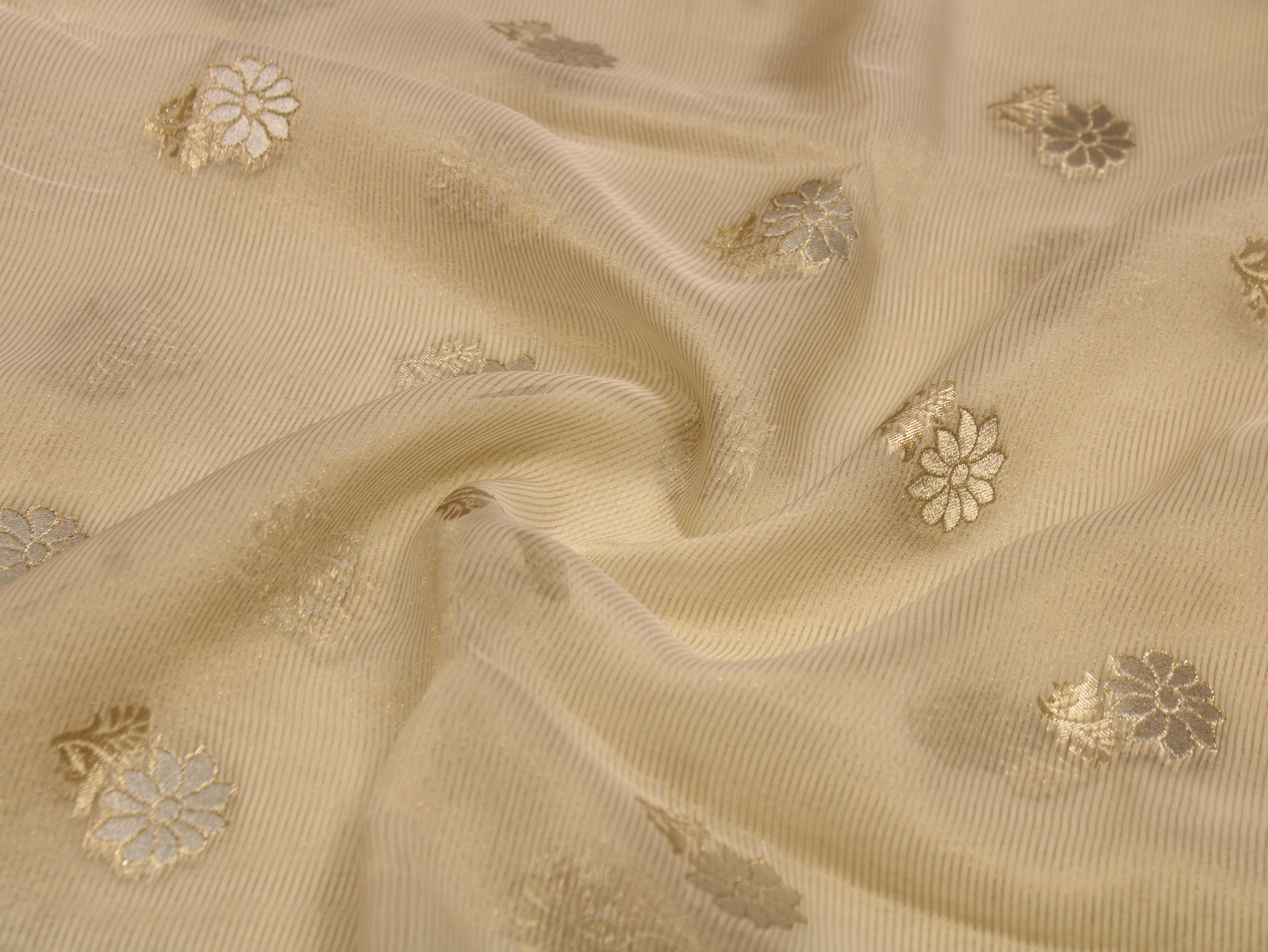 Tissue Fabric — Beige | Dual-Tone Gold & Silver Zari Floral Butti