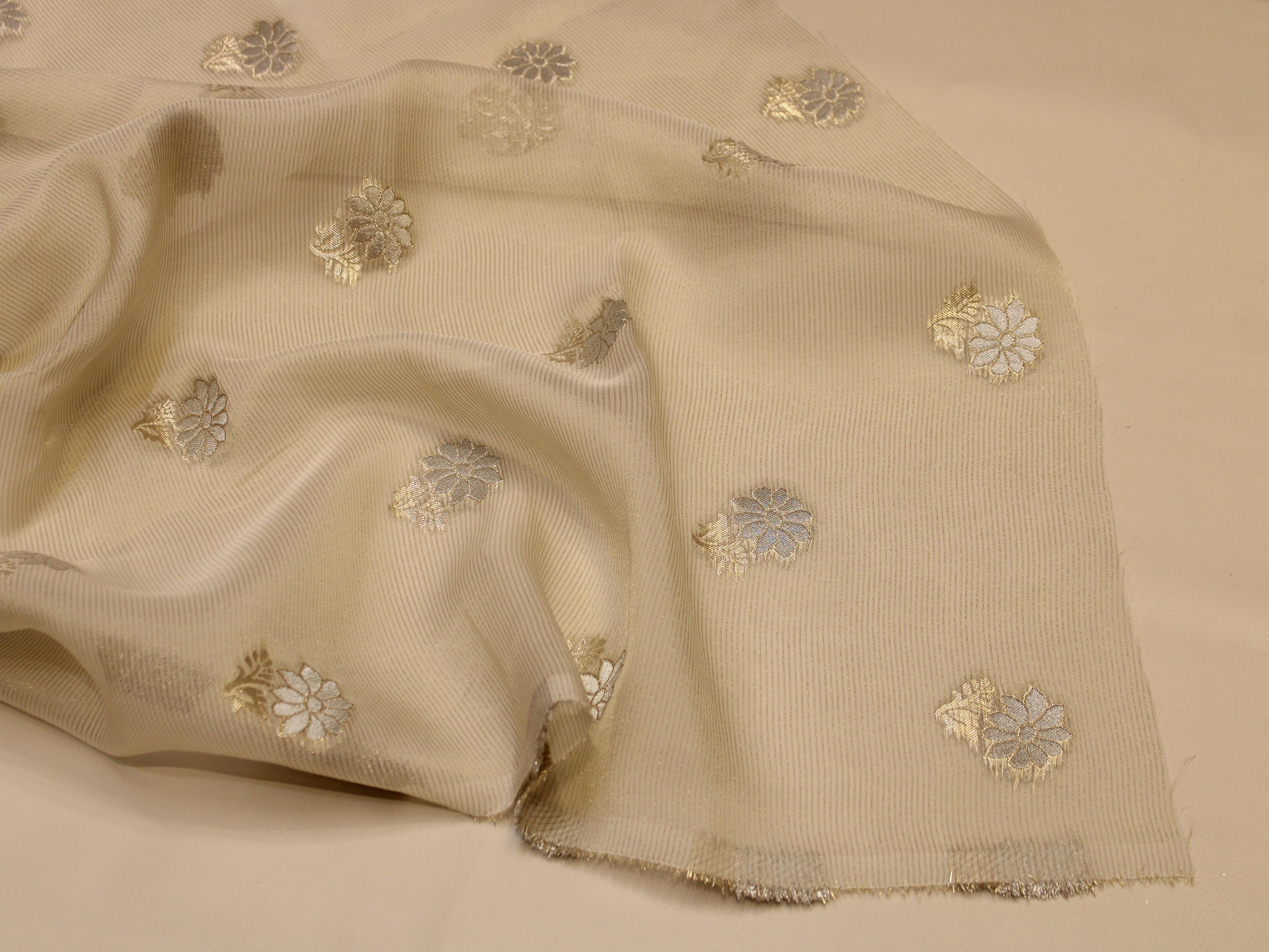 Tissue Fabric — Beige | Dual-Tone Gold & Silver Zari Floral Butti