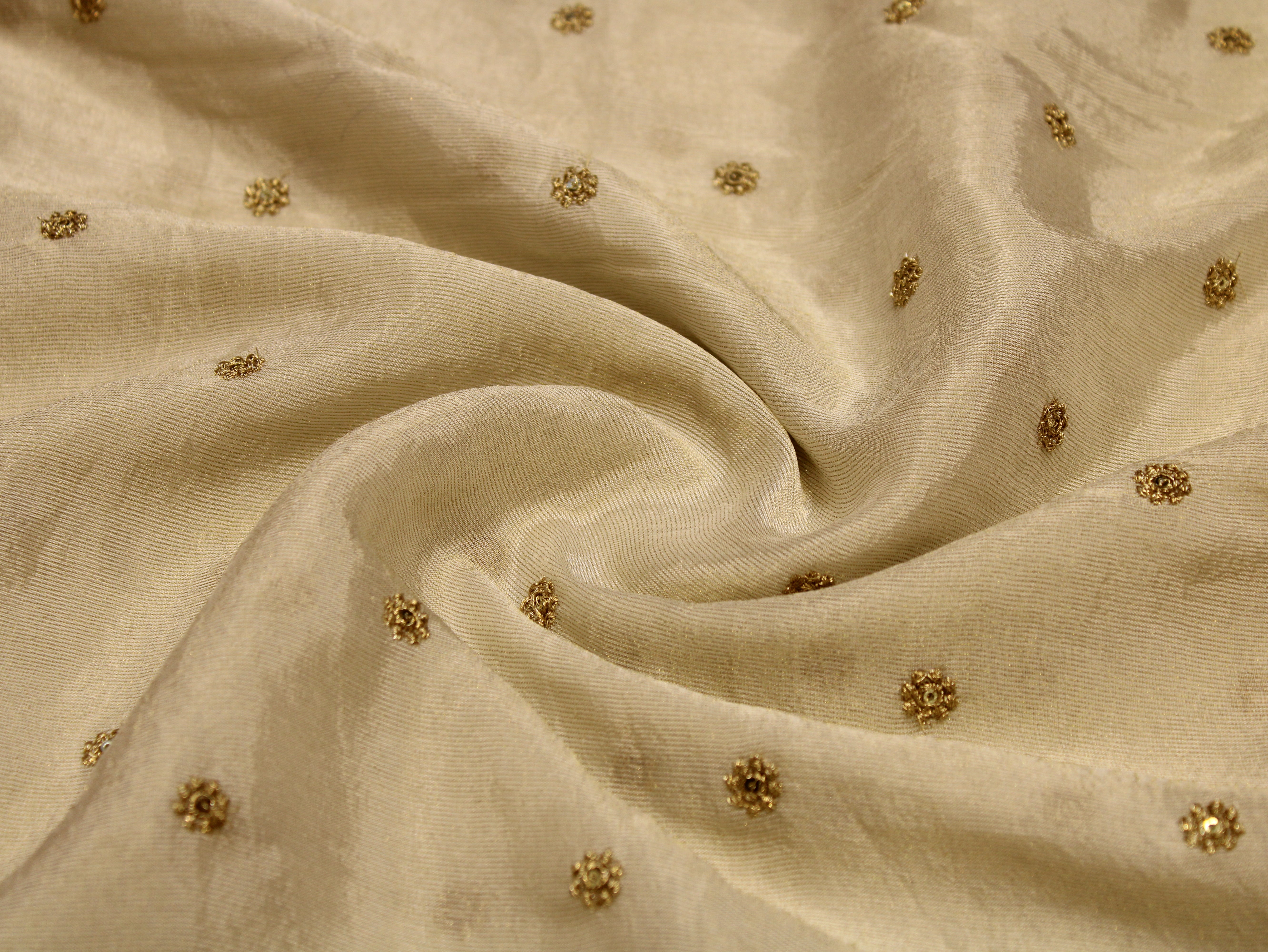 Chinon Tissue Fabric — Ivory Dyeable | Allover Gold Zari Rosette Butti