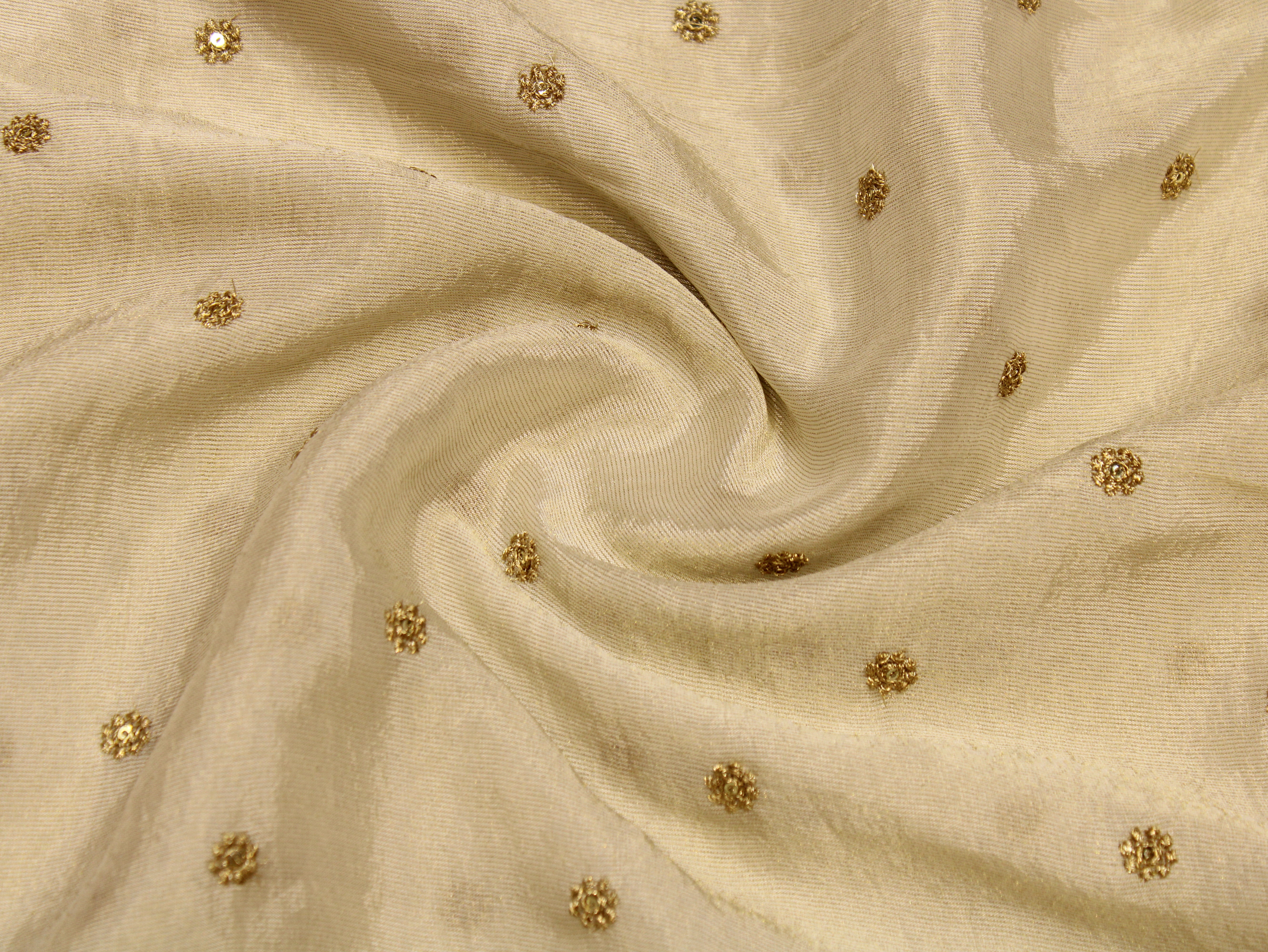 Chinon Tissue Fabric — Ivory Dyeable | Allover Gold Zari Rosette Butti