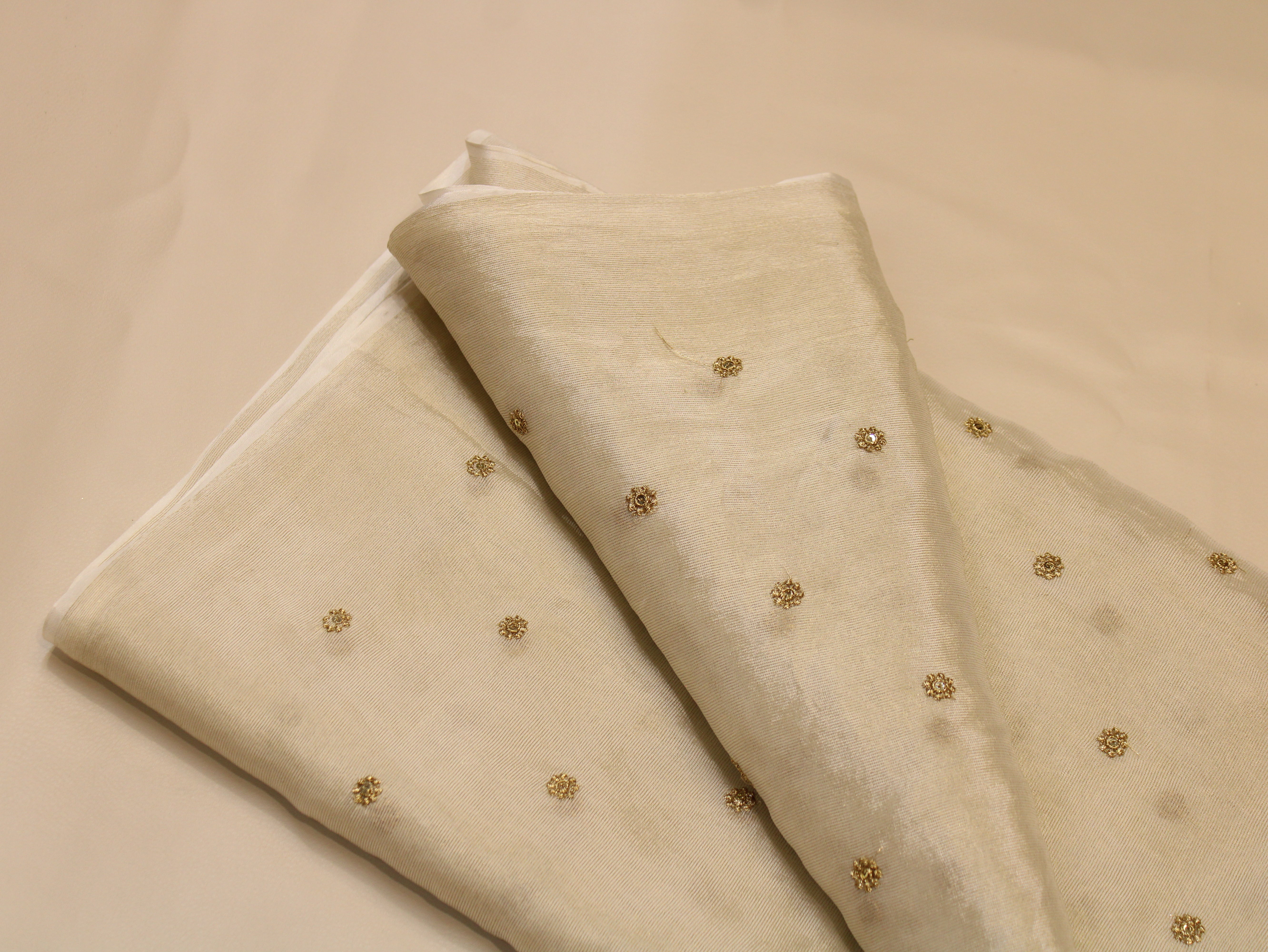 Chinon Tissue Fabric — Ivory Dyeable | Allover Gold Zari Rosette Butti