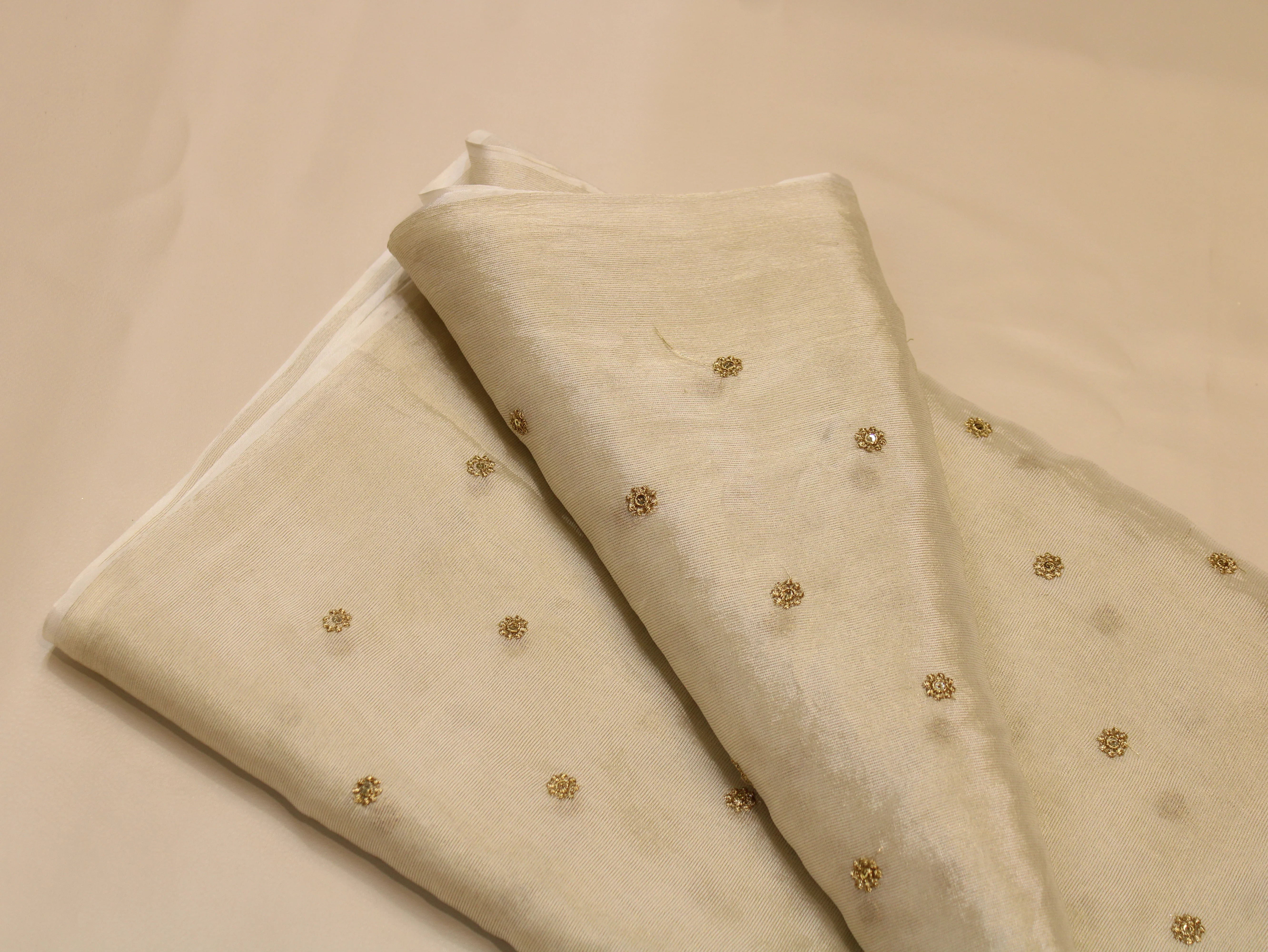 Chinon Tissue Fabric — Ivory Dyeable | Allover Gold Zari Rosette Butti