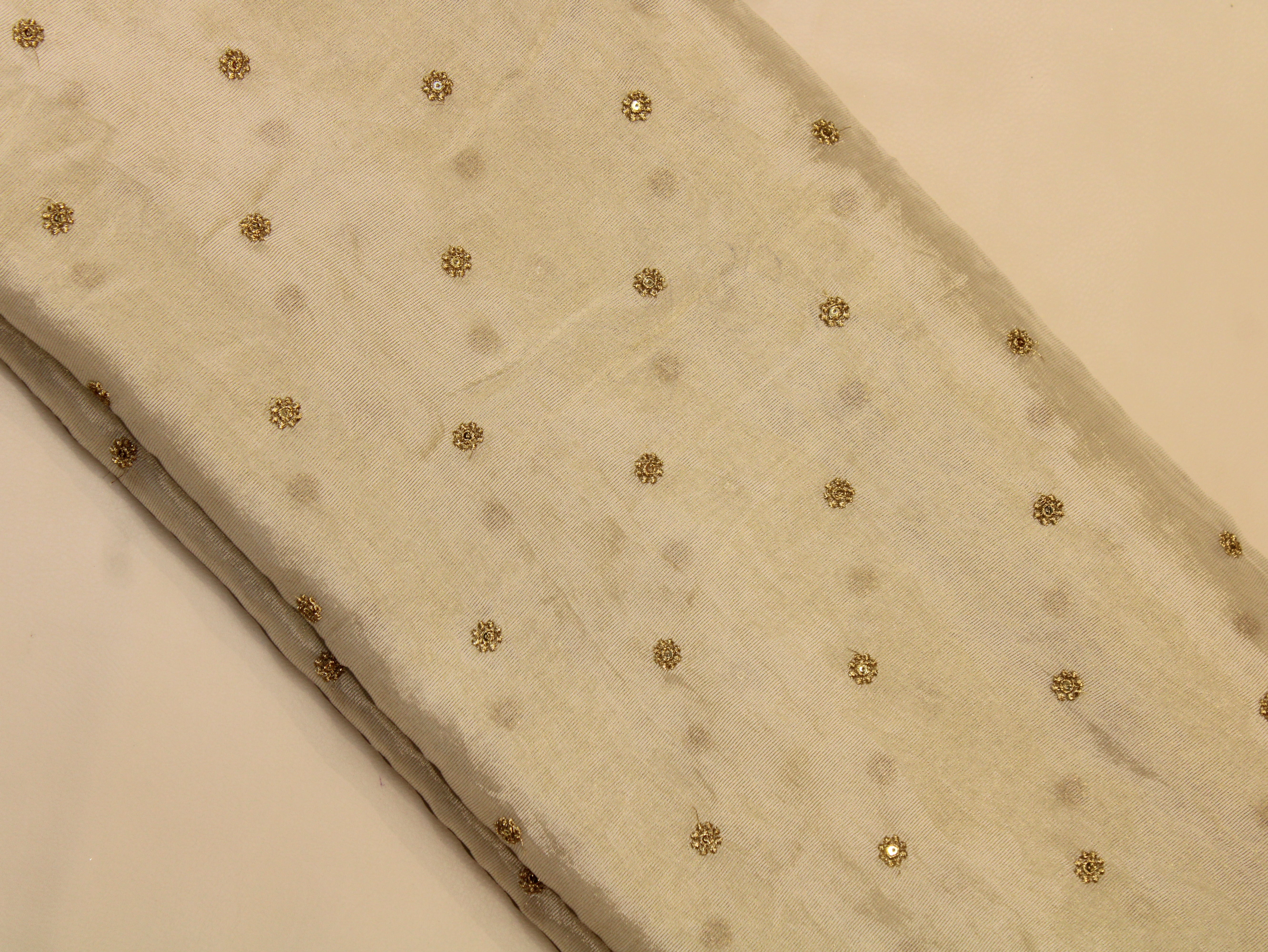 Chinon Tissue Fabric — Ivory Dyeable | Allover Gold Zari Rosette Butti