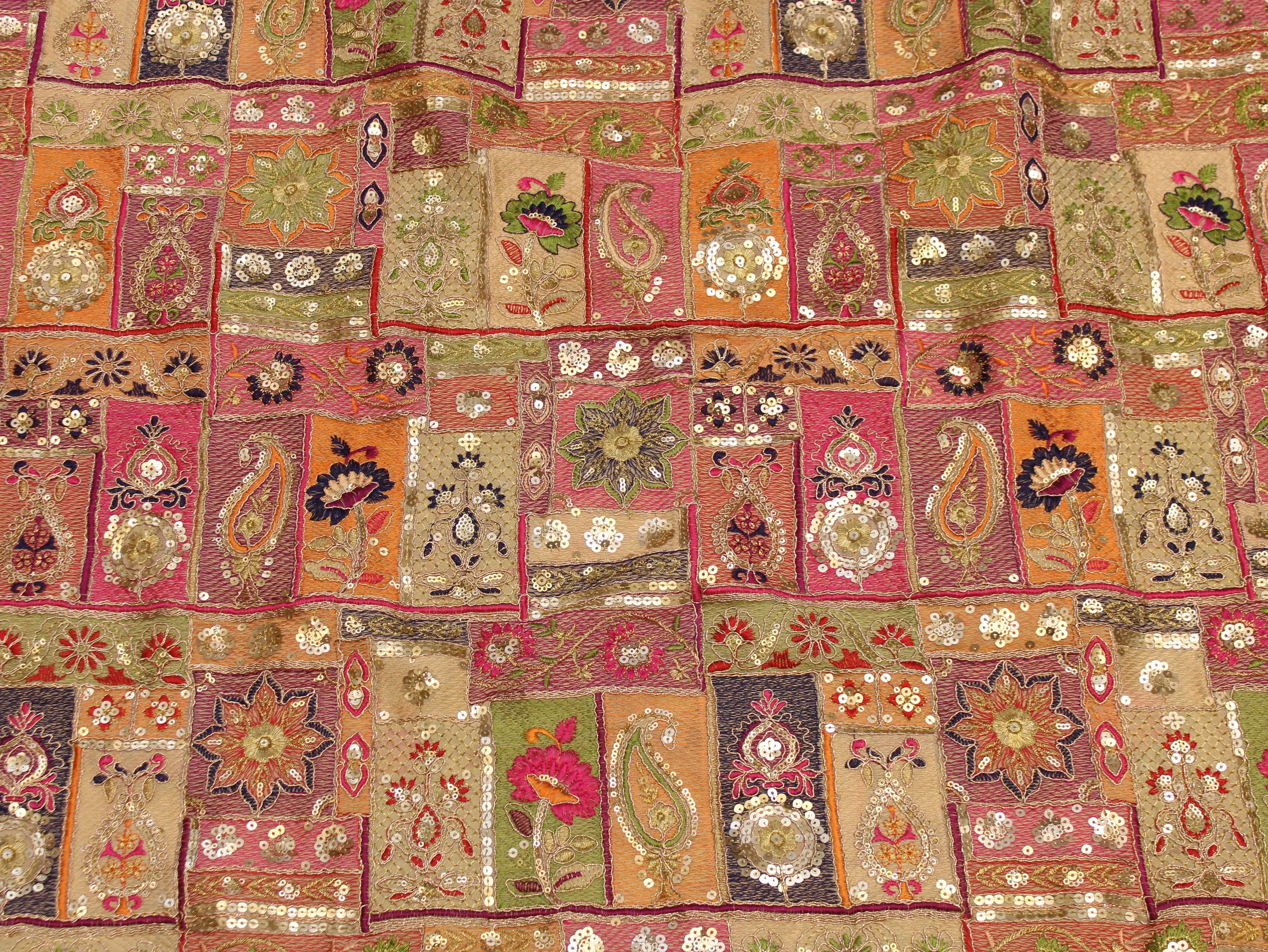 Faux Georgette Fabric — Heavy Thread, Zari & Sequin Work | Patchwork Design | Beige | 38 Inch