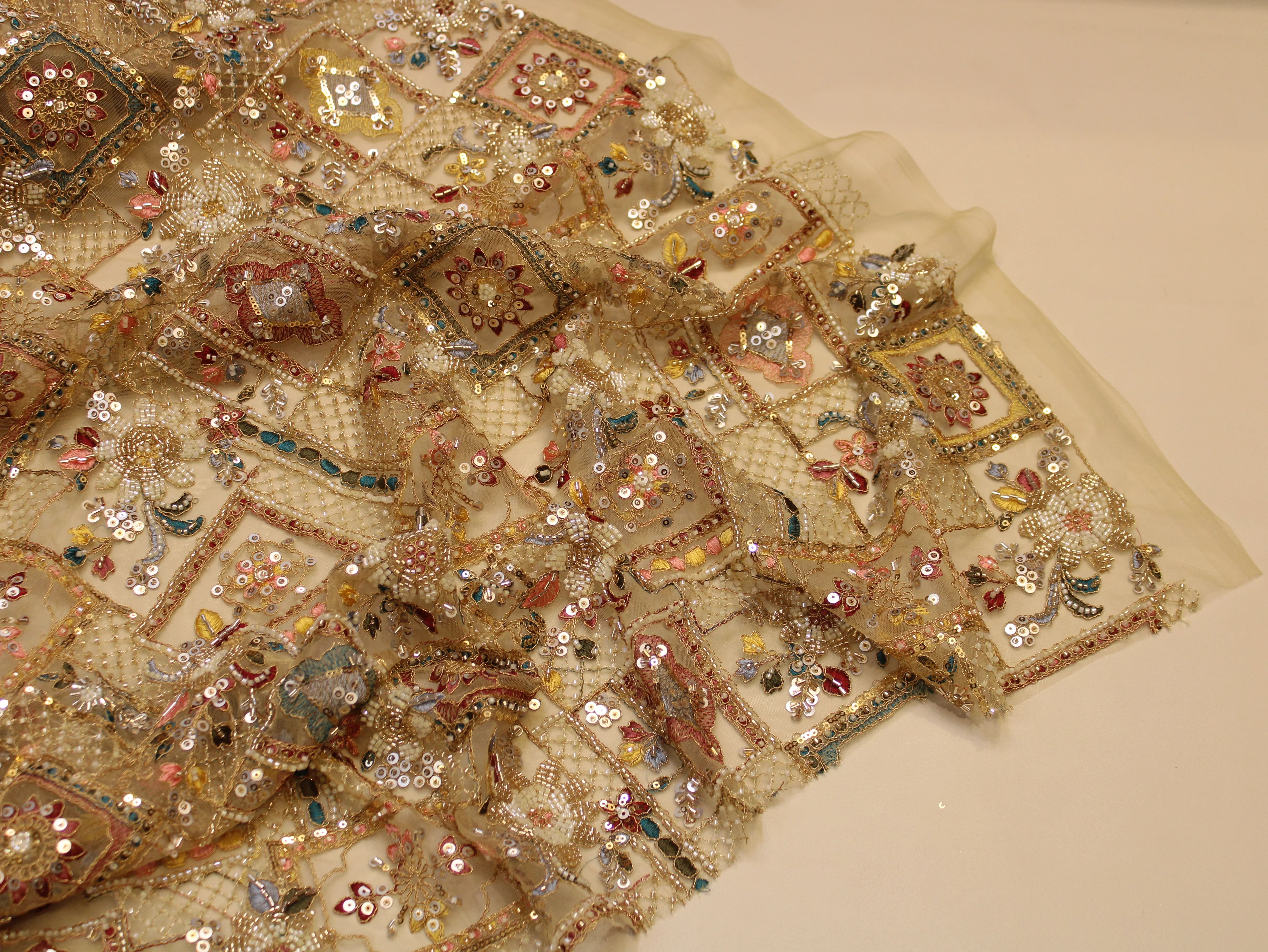 Net Fabric — Heavy Beads, Pearls, Sequin & Thread Work | Gold Zari Jaal | Beige | 38 Inch