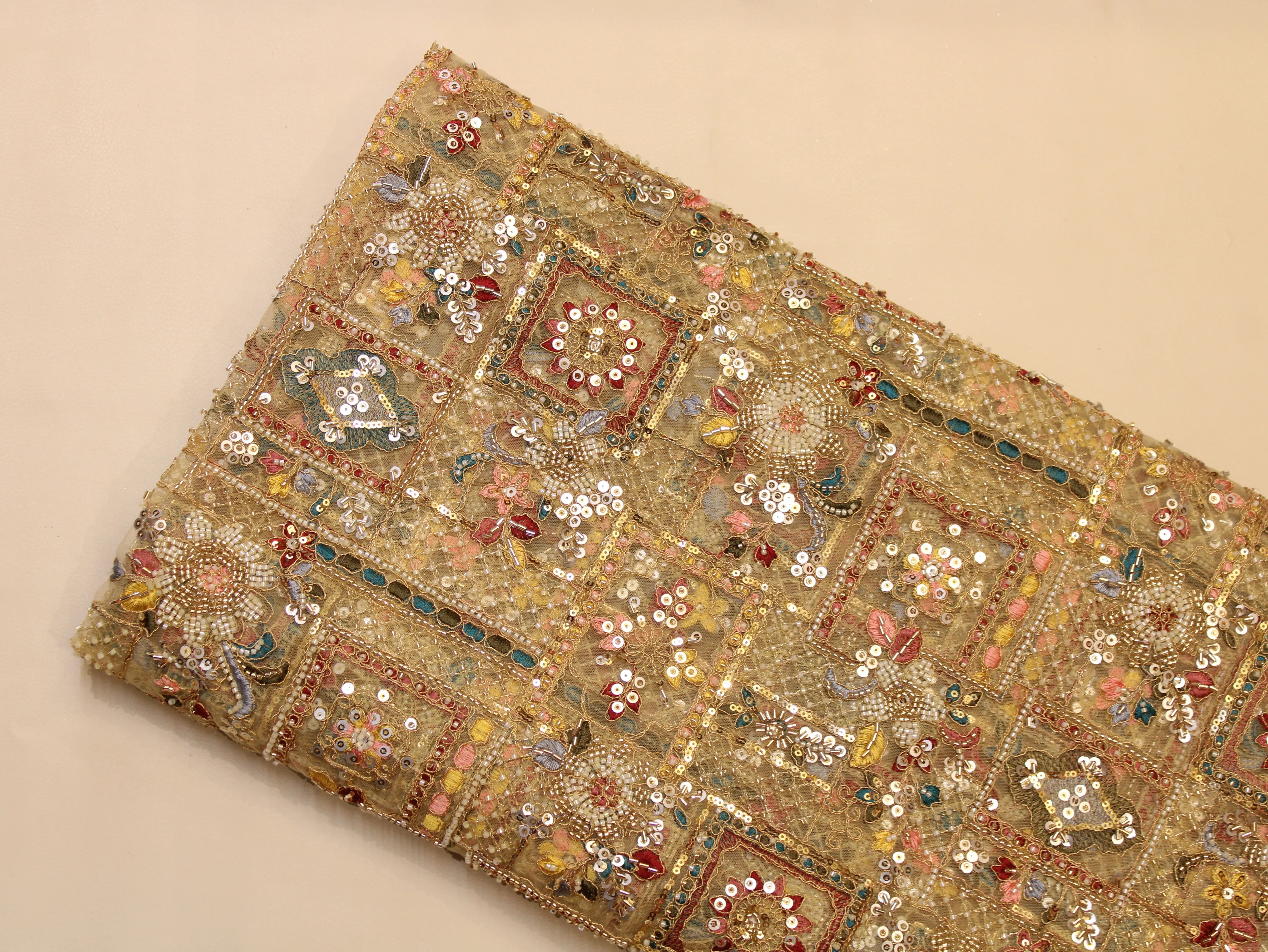 Net Fabric — Heavy Beads, Pearls, Sequin & Thread Work | Gold Zari Jaal | Beige | 38 Inch
