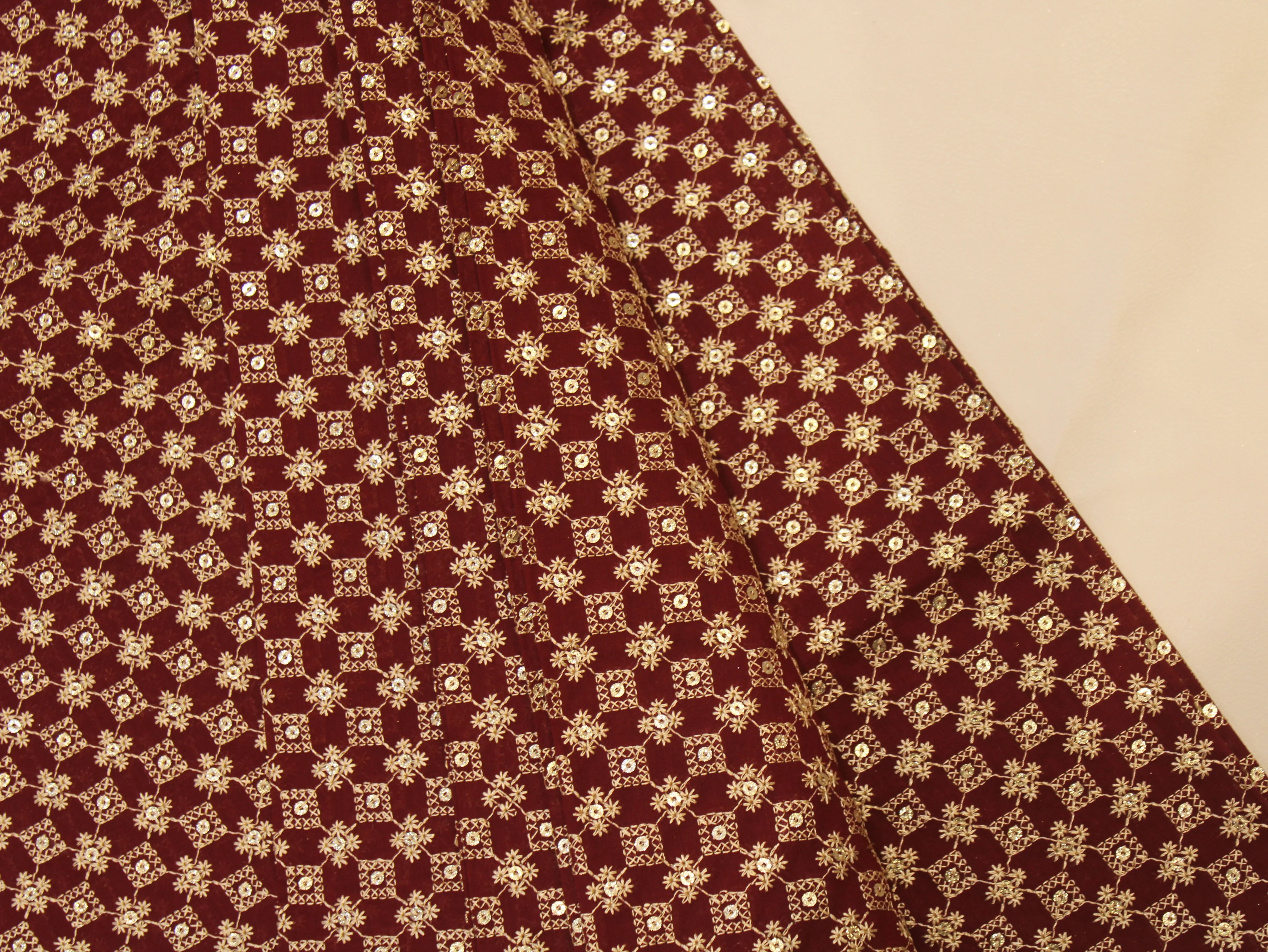 Pure Cotton Embroidery Fabric — Wine | Gold Zari Grid | M'Foks