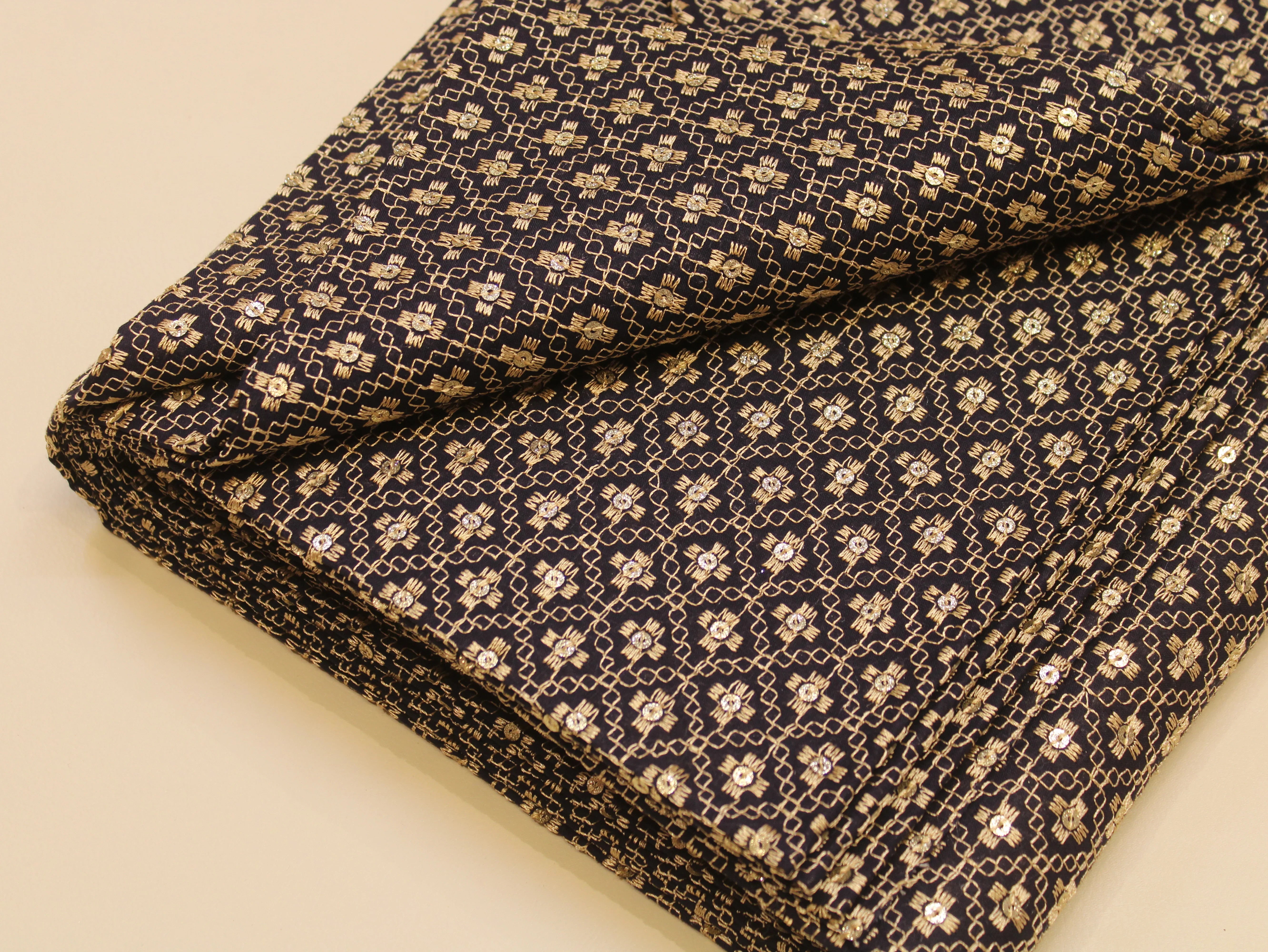 Pure Cotton Embroidery Fabric — Blue | Gold Zari Grid | M'Foks