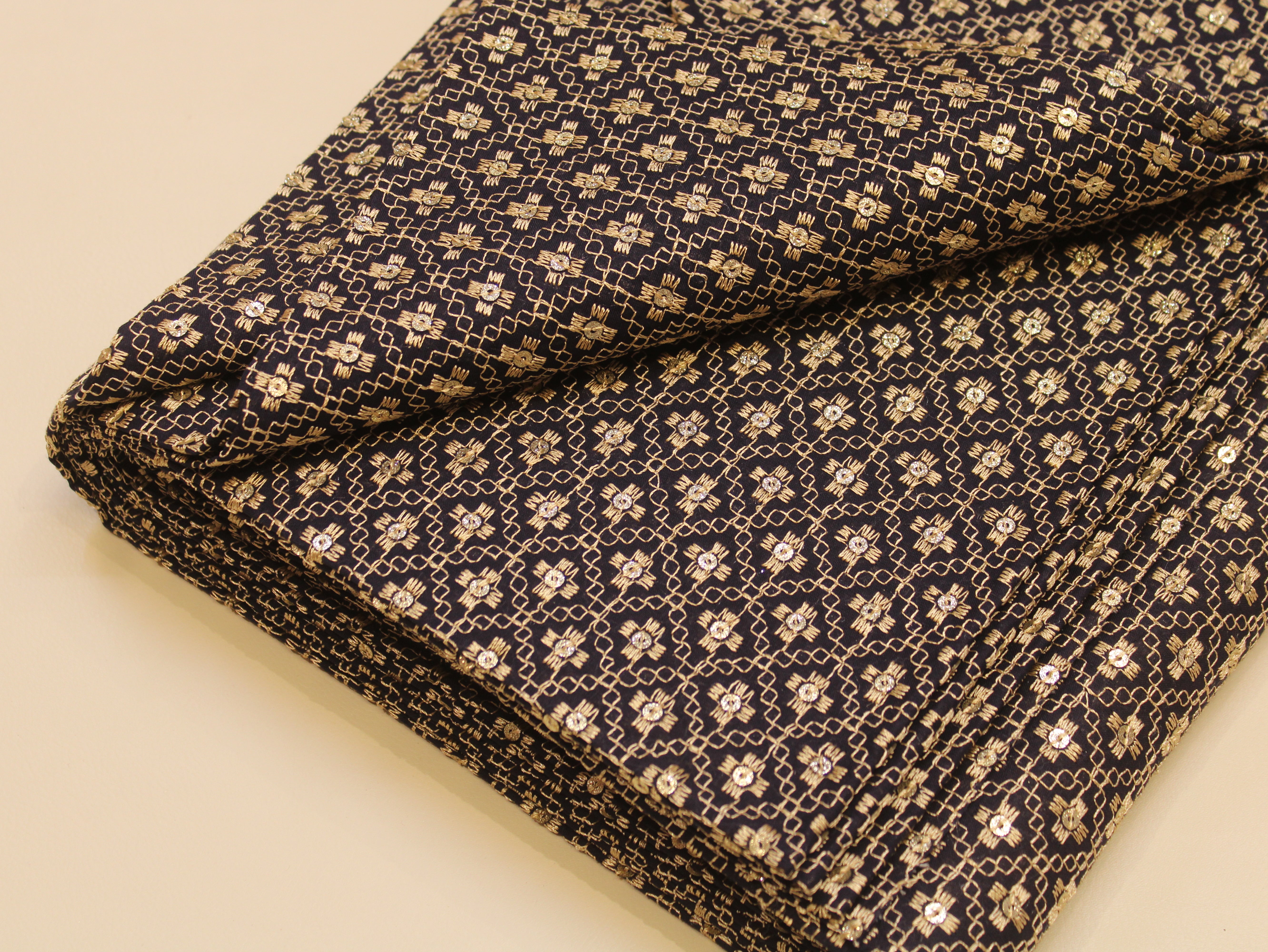 Pure Cotton Embroidery Fabric — Blue | Gold Zari Grid | M'Foks