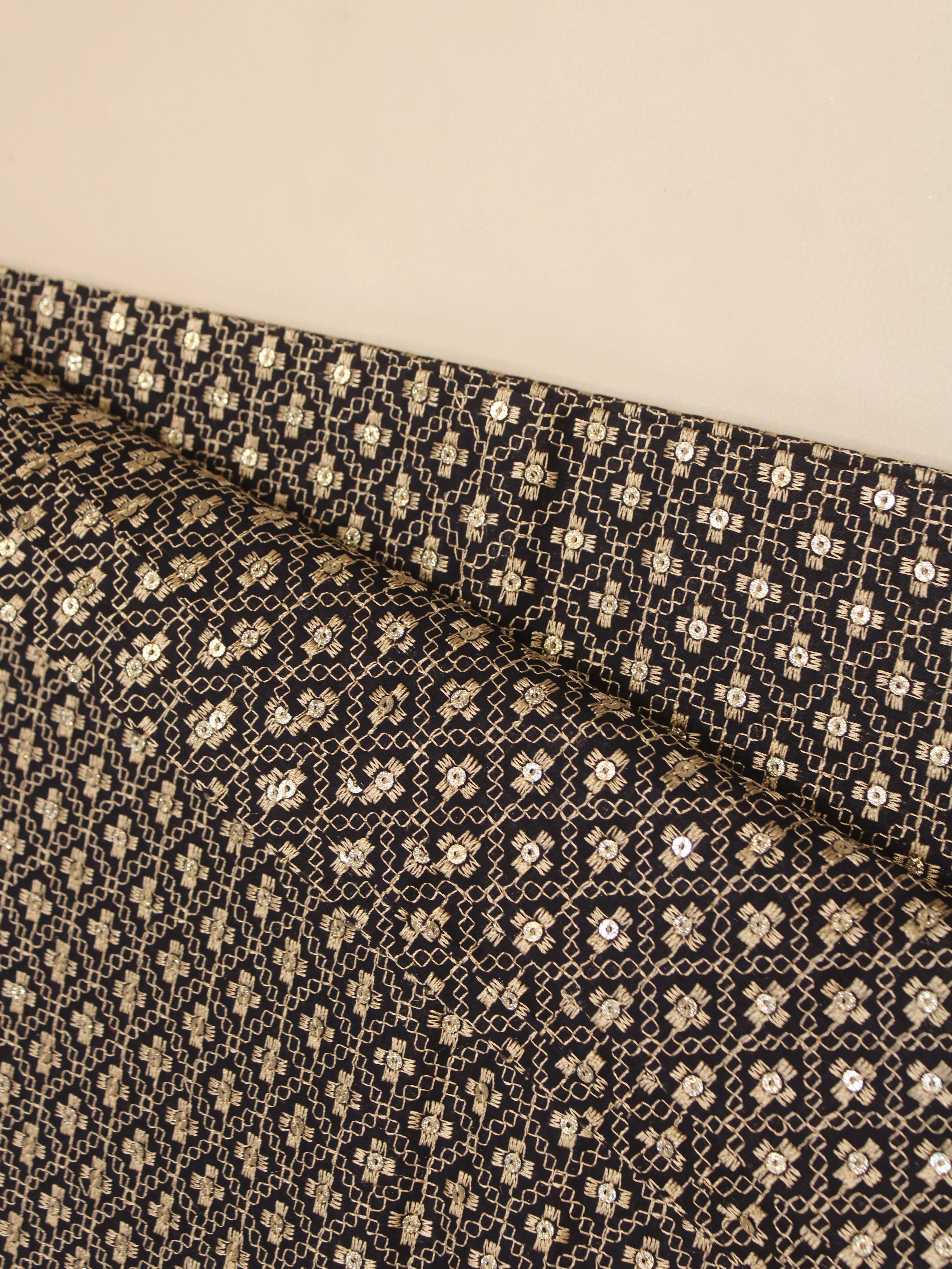 Pure Cotton Embroidery Fabric — Blue | Gold Zari Grid | M'Foks