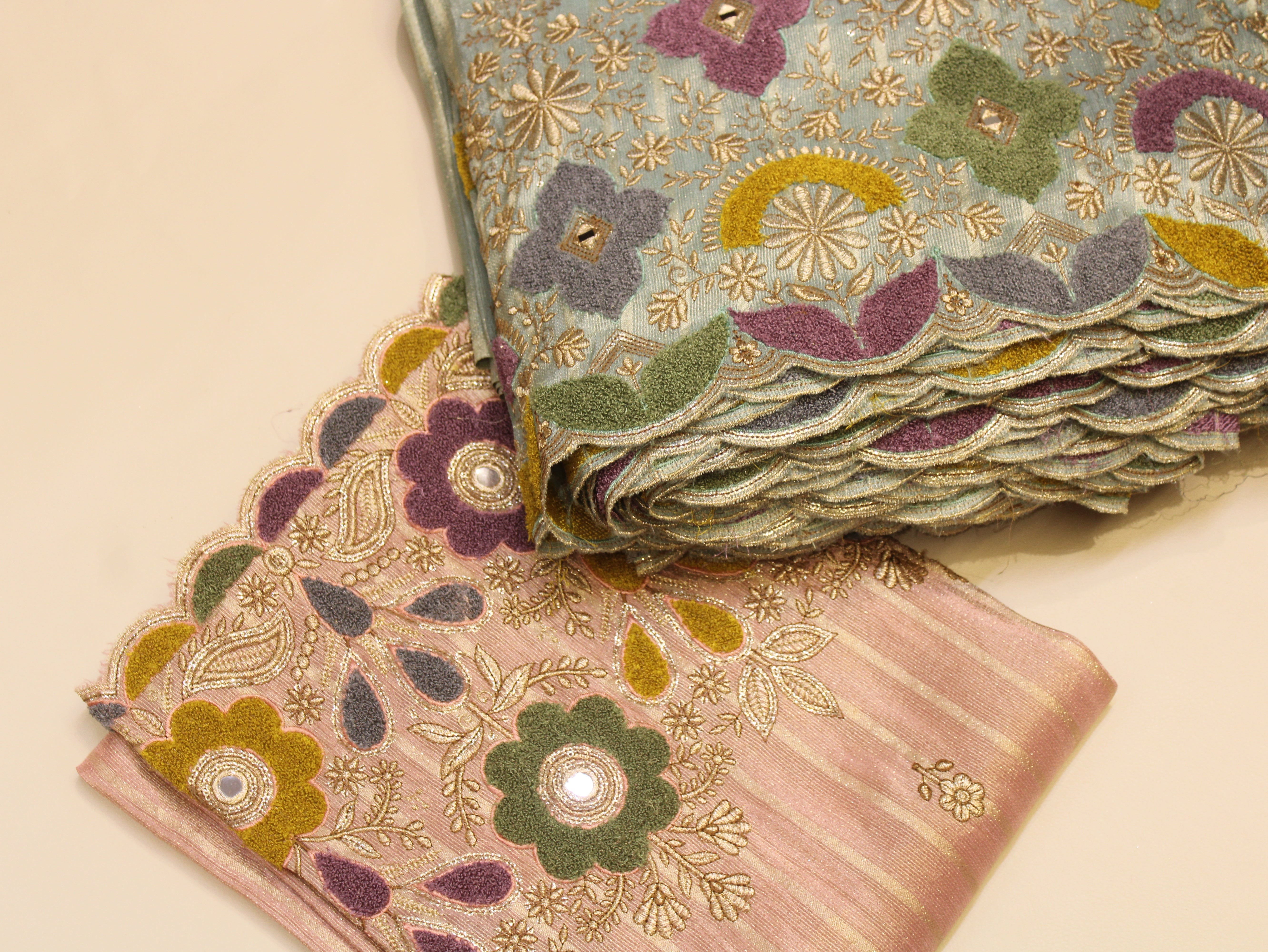 Embossed Velvet Appliqué Panel Fabric — 54 Inch | Gold Zari Jaal | Mirror Work | Scalloped Border