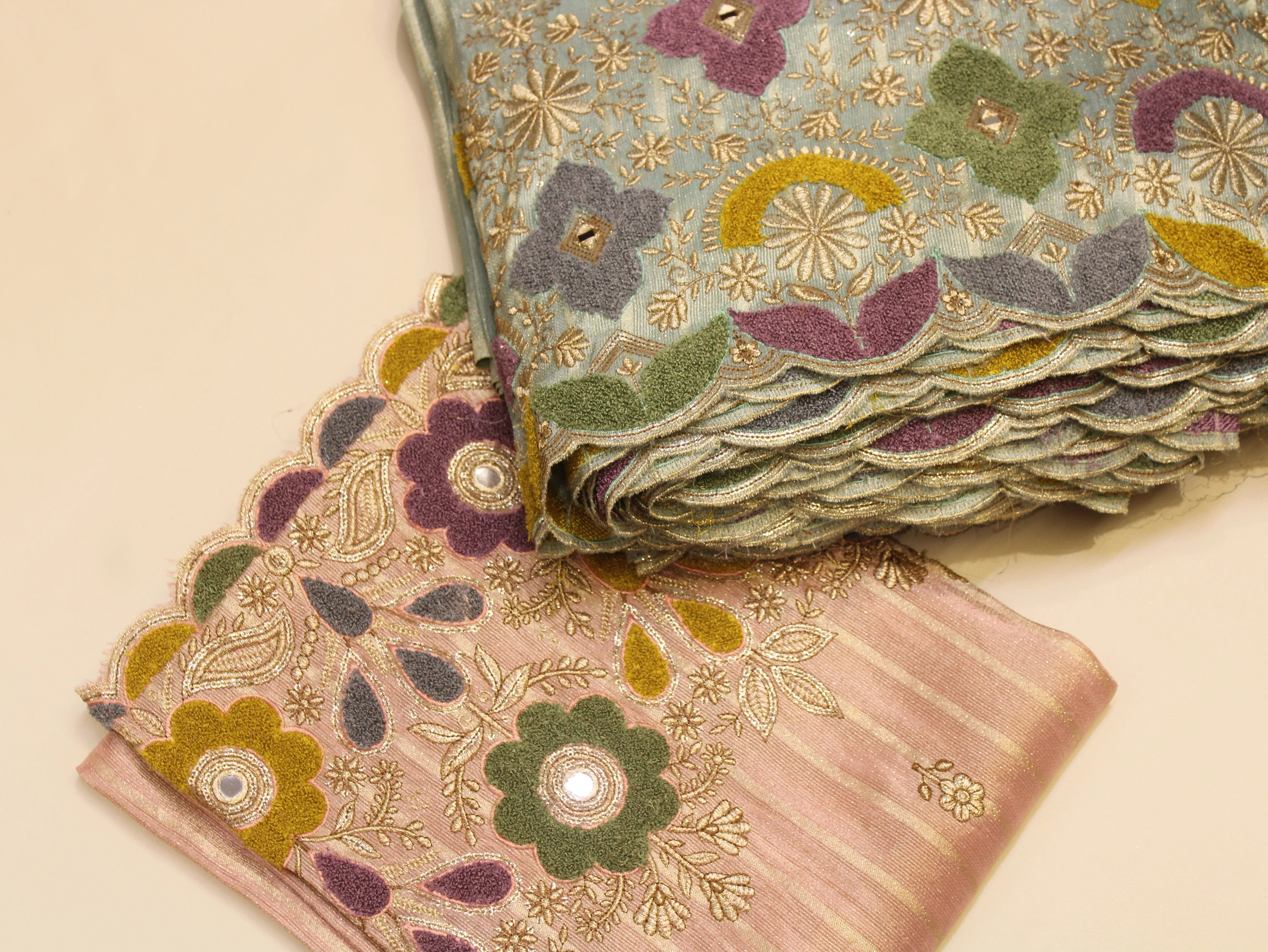 Embossed Velvet Appliqué Panel Fabric — 54 Inch | Gold Zari Jaal | Mirror Work | Scalloped Border