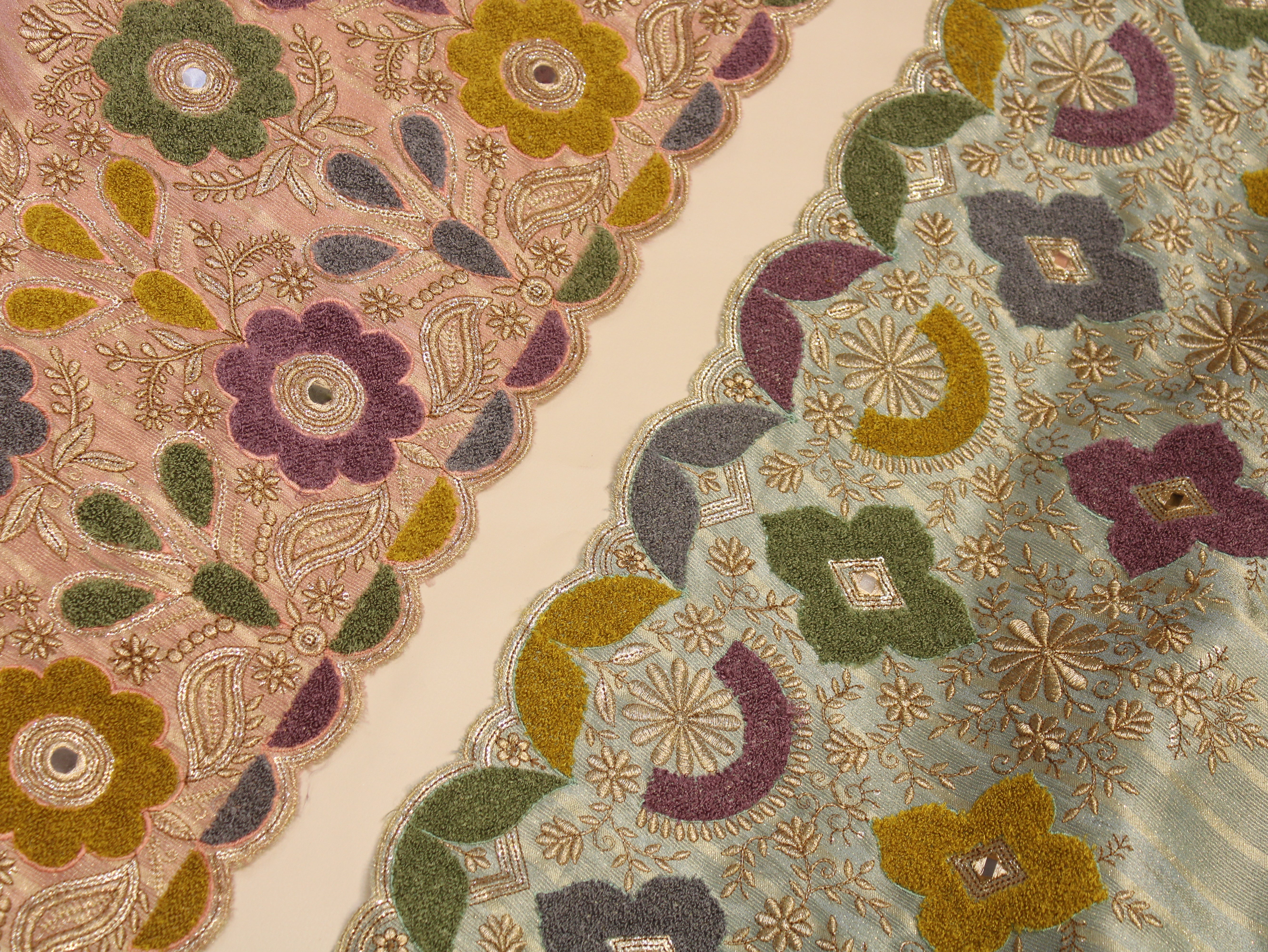 Embossed Velvet Appliqué Panel Fabric — 54 Inch | Gold Zari Jaal | Mirror Work | Scalloped Border