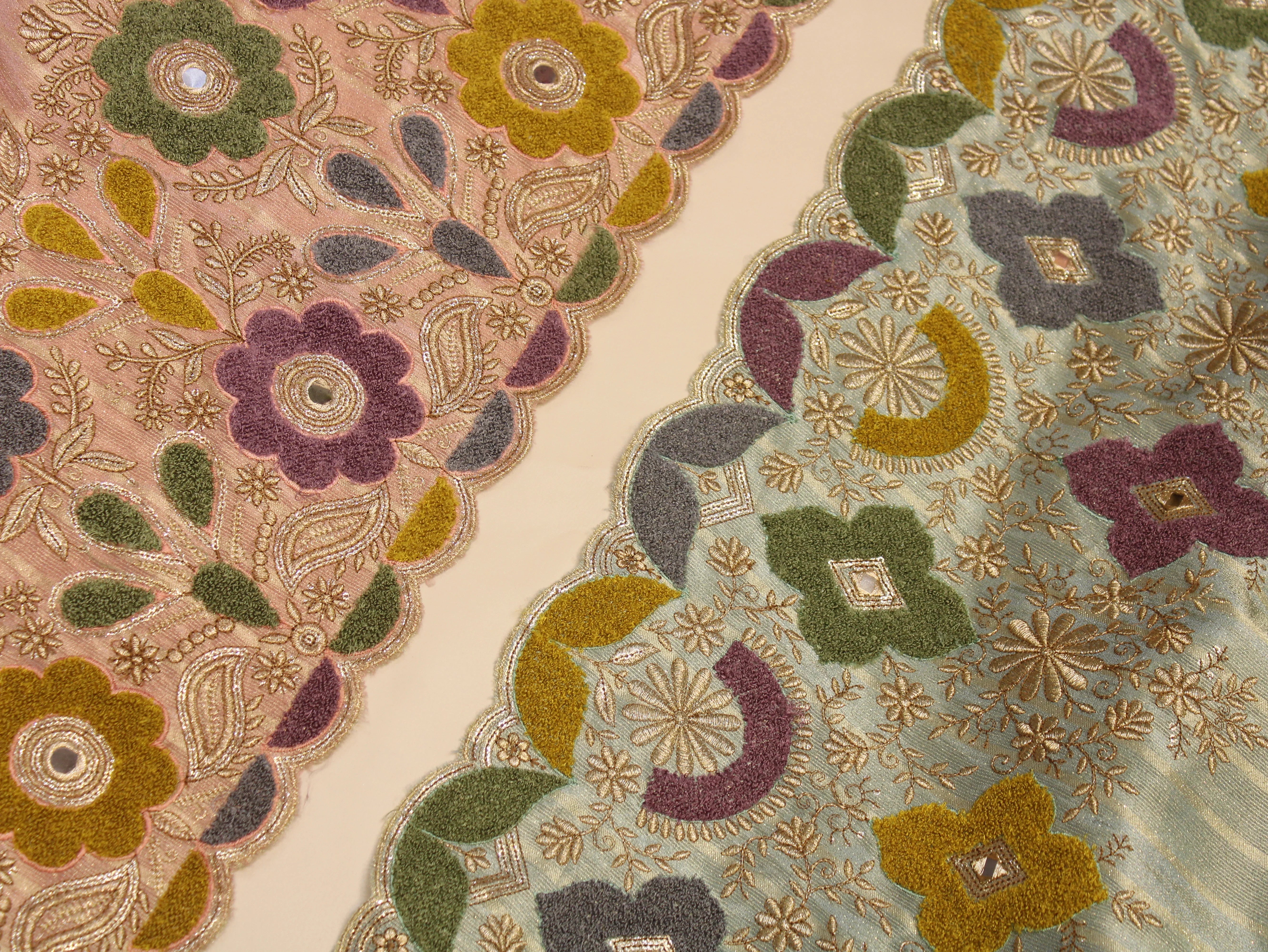 Embossed Velvet Appliqué Panel Fabric — 54 Inch | Gold Zari Jaal | Mirror Work | Scalloped Border