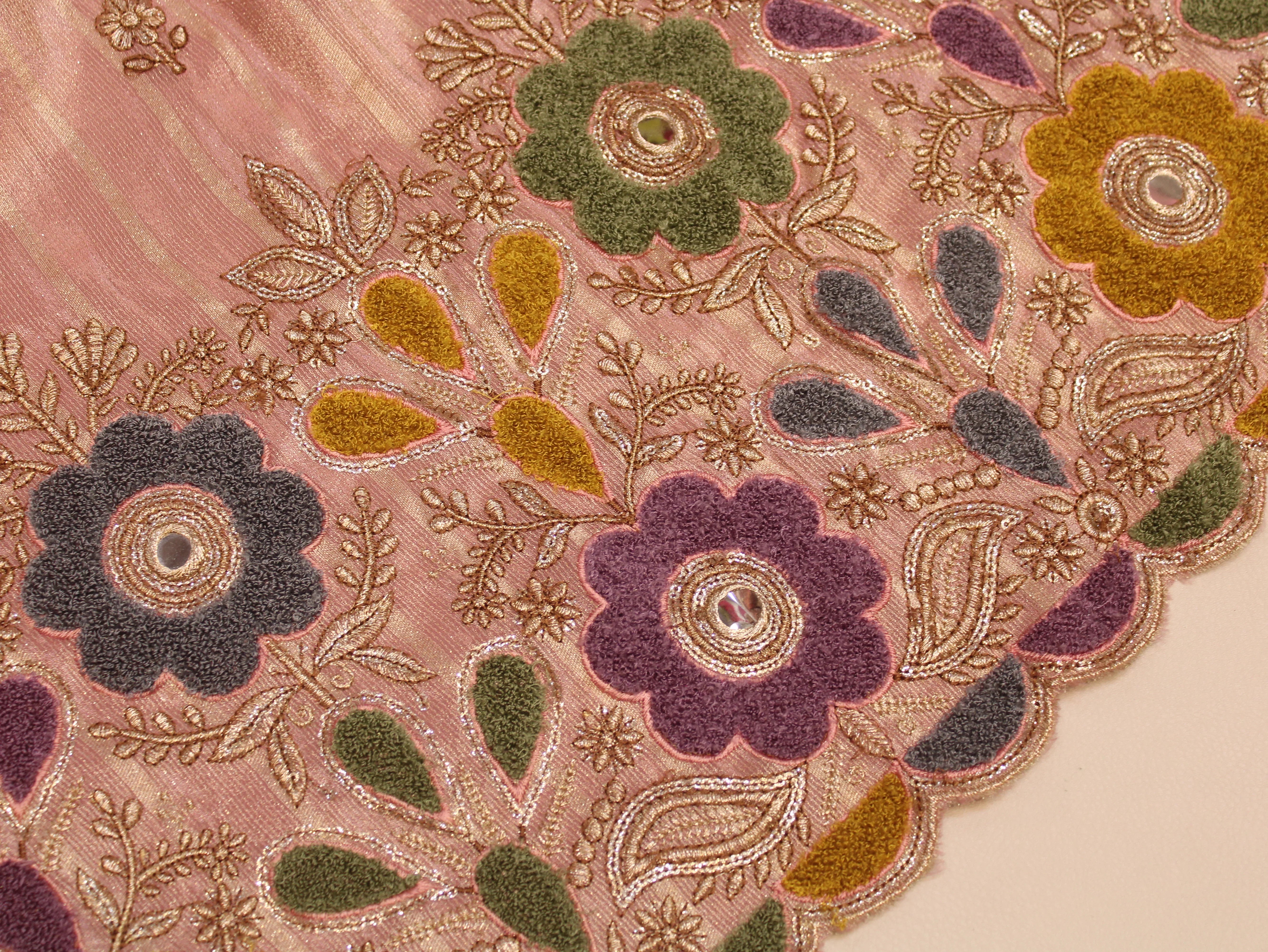 Embossed Velvet Appliqué Panel Fabric — 54 Inch | Gold Zari Jaal | Mirror Work | Scalloped Border