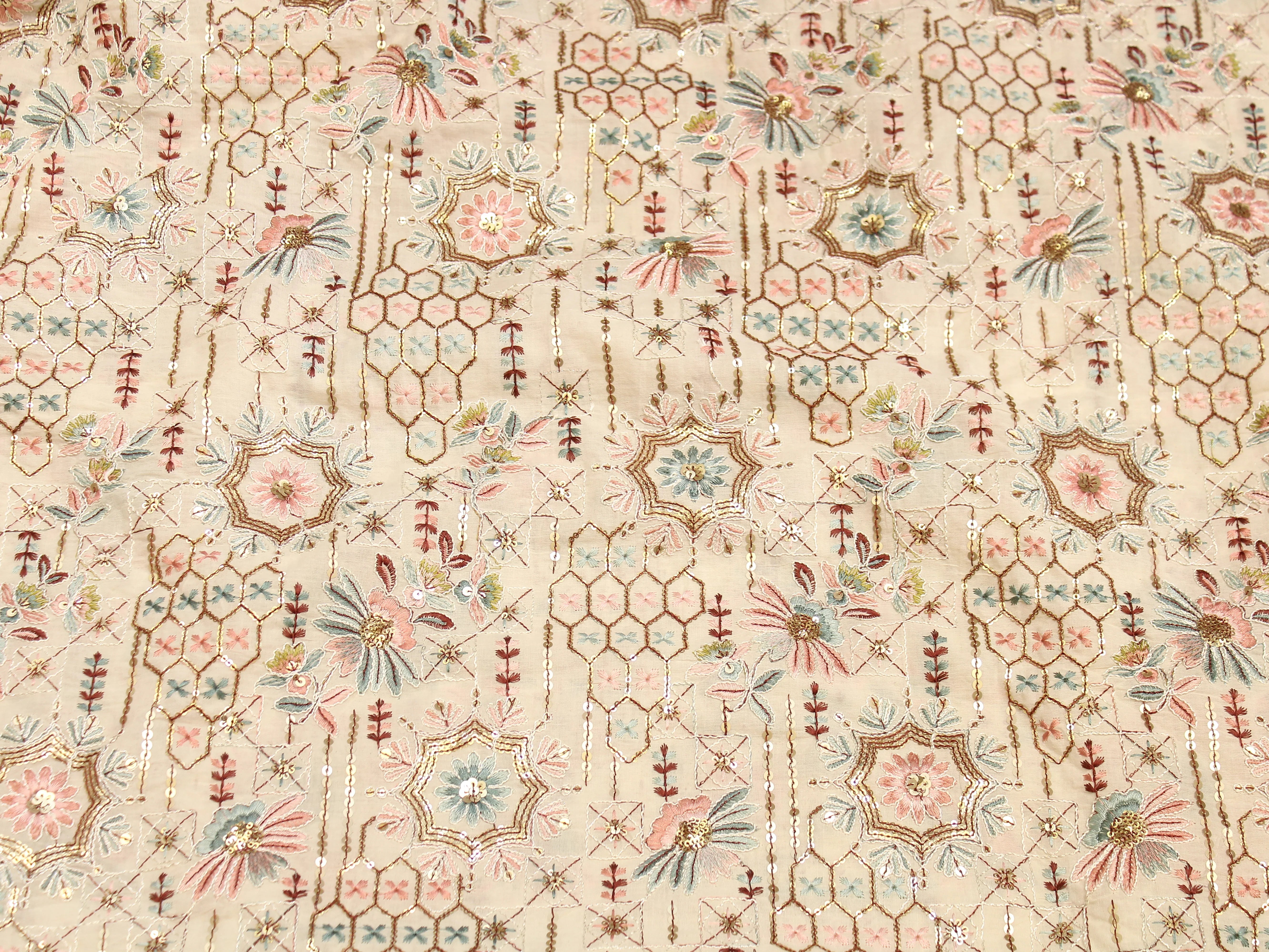 Pure Cotton Embroidery Fabric — Ivory | Thread & Sequin Work | M'Foks
