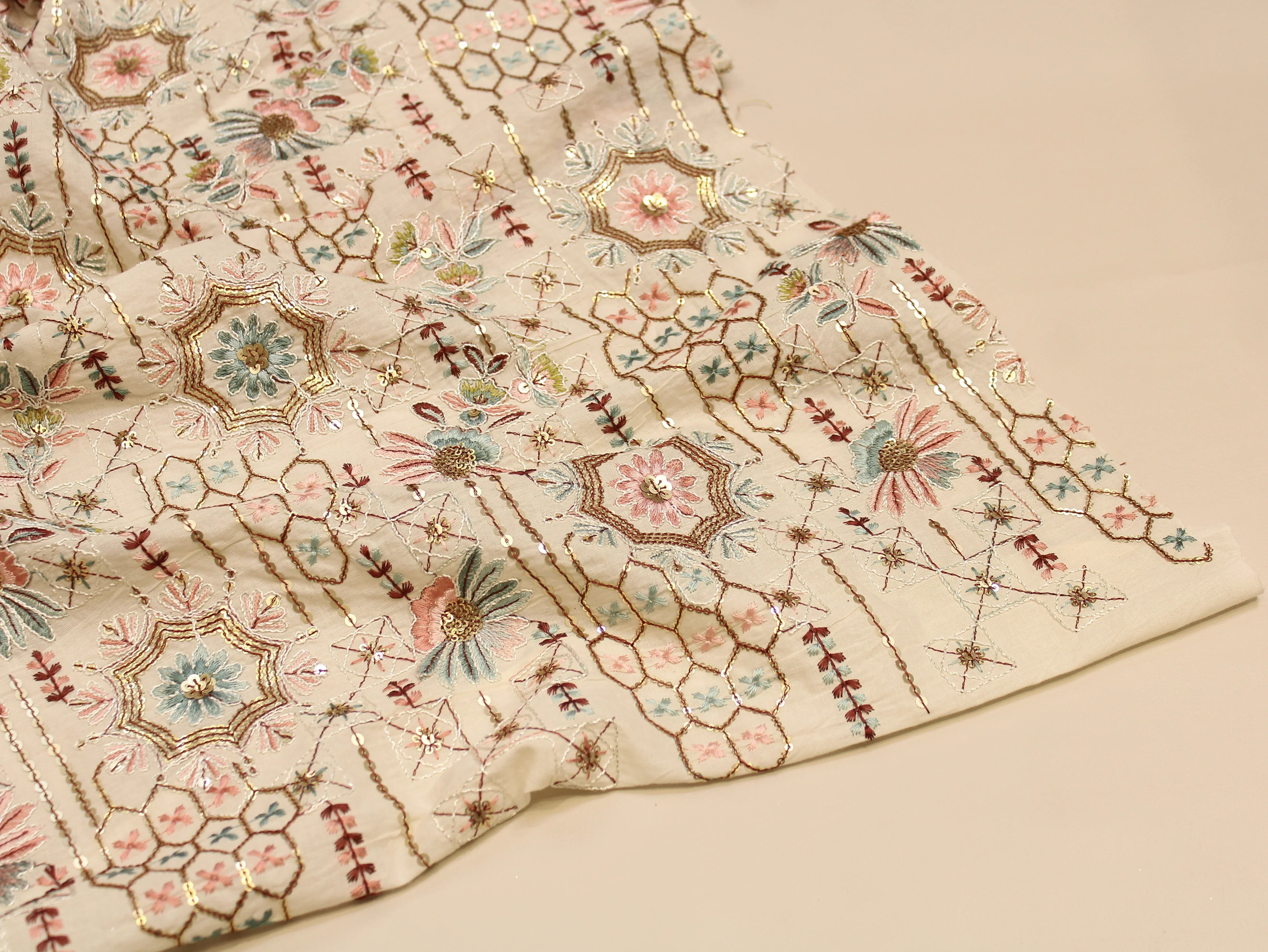 Pure Cotton Embroidery Fabric — Ivory | Thread & Sequin Work | M'Foks