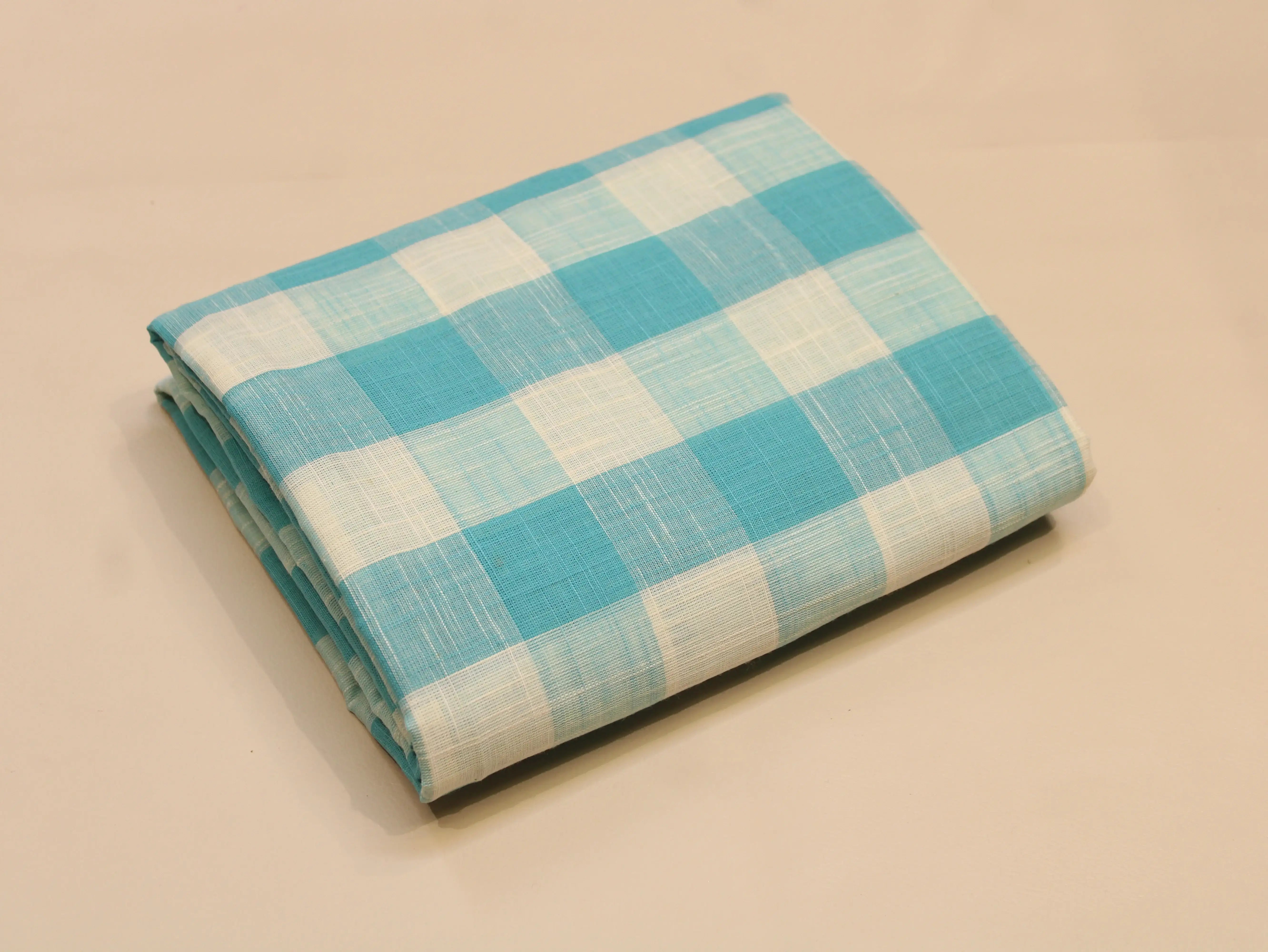 Pure Cotton Handloom Woven Fabric — Light Blue | Checked | 44 Inch