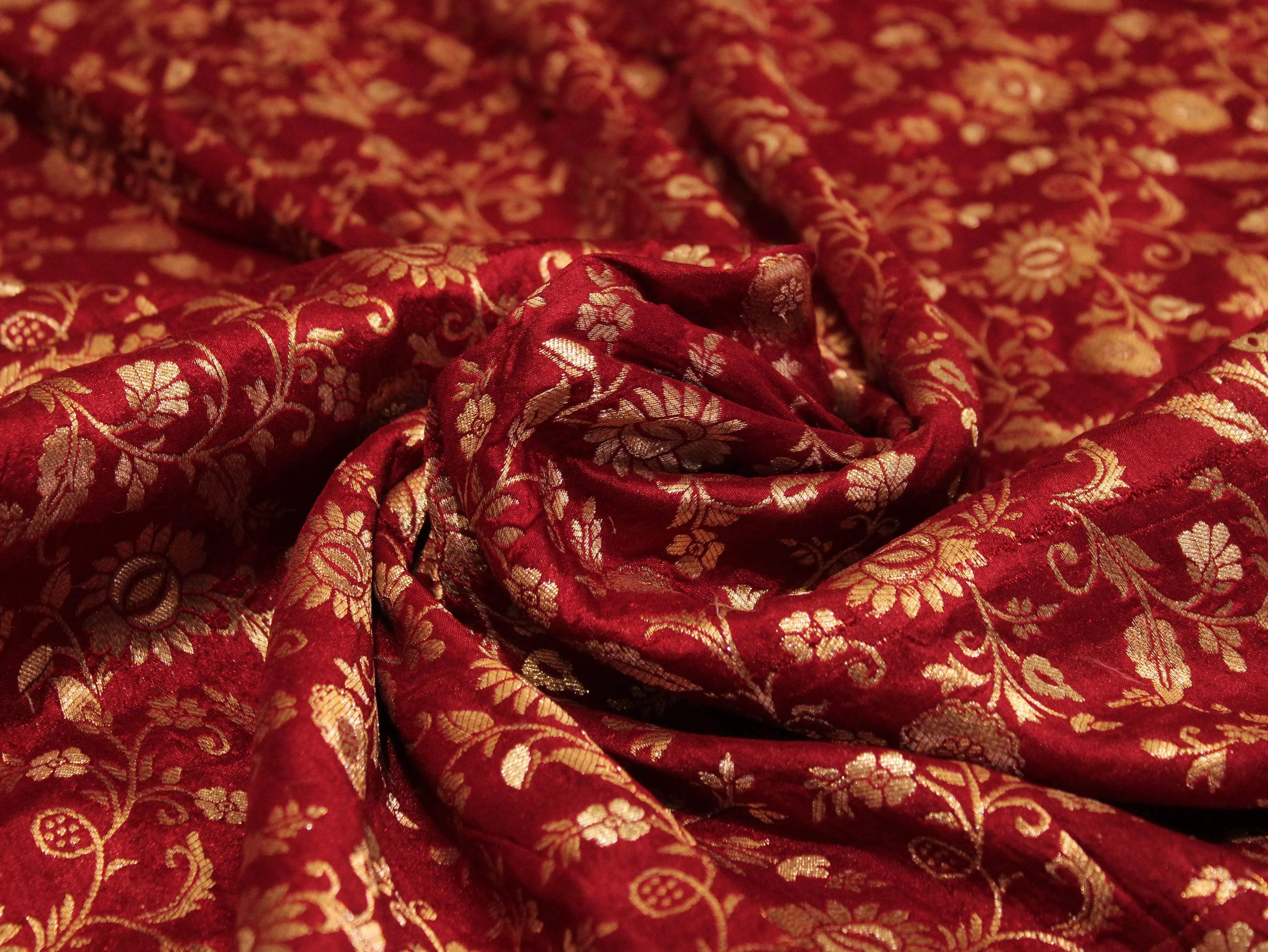 Banarasi Floral Brocade Fabric - Maroon - M'Foks