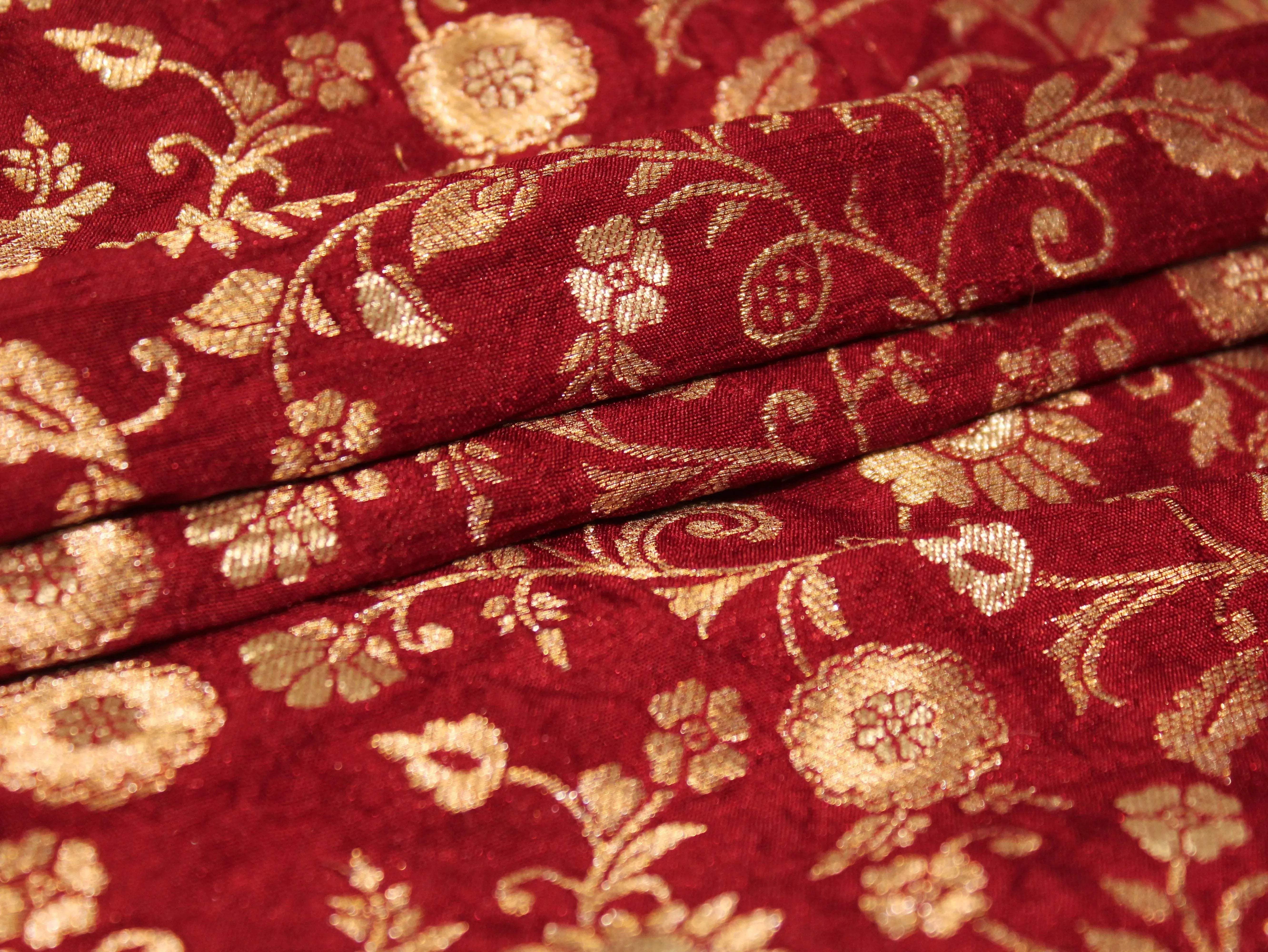 Banarasi Floral Brocade Fabric - Maroon - M'Foks