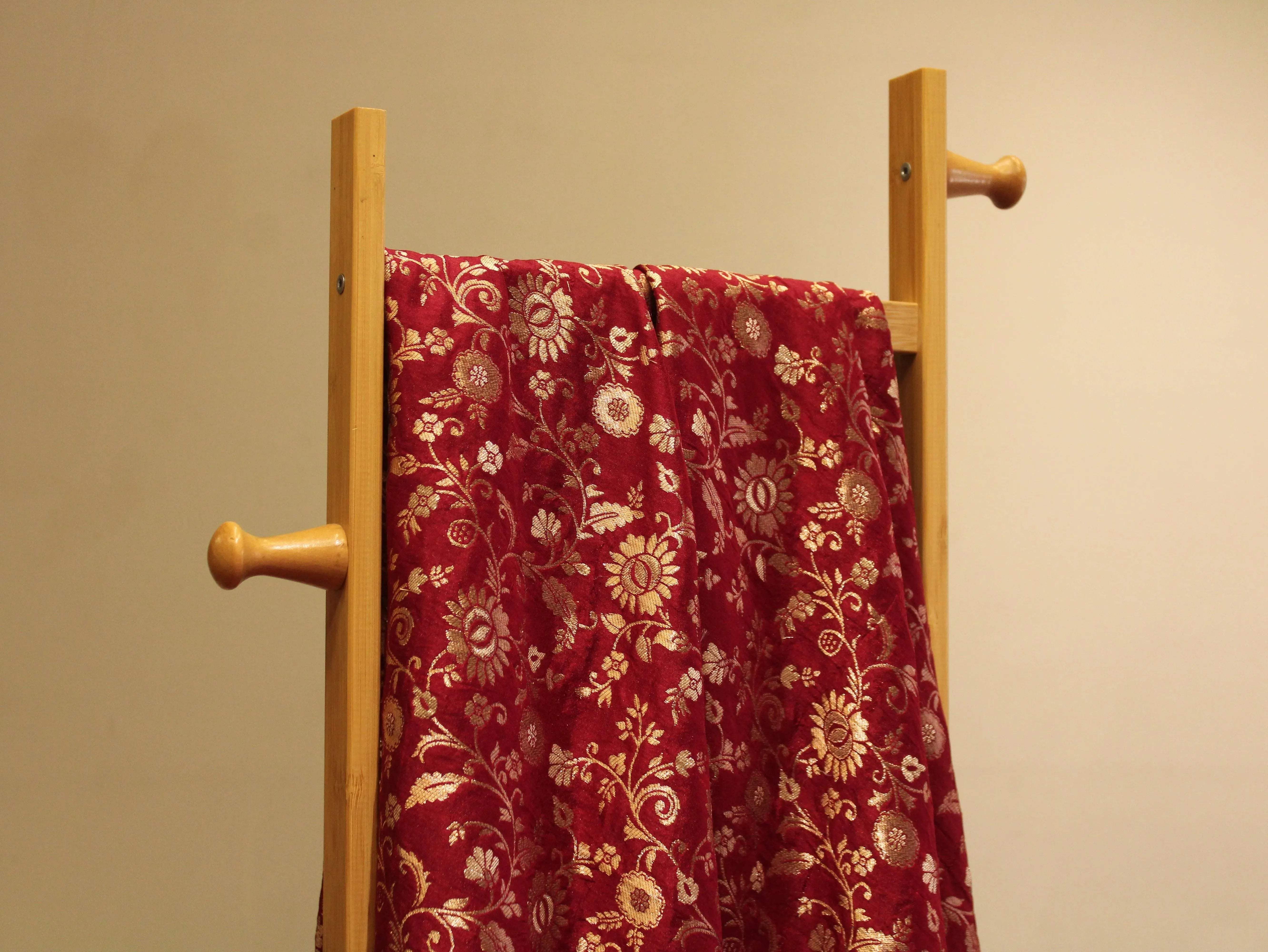 Banarasi Floral Brocade Fabric - Maroon - M'Foks