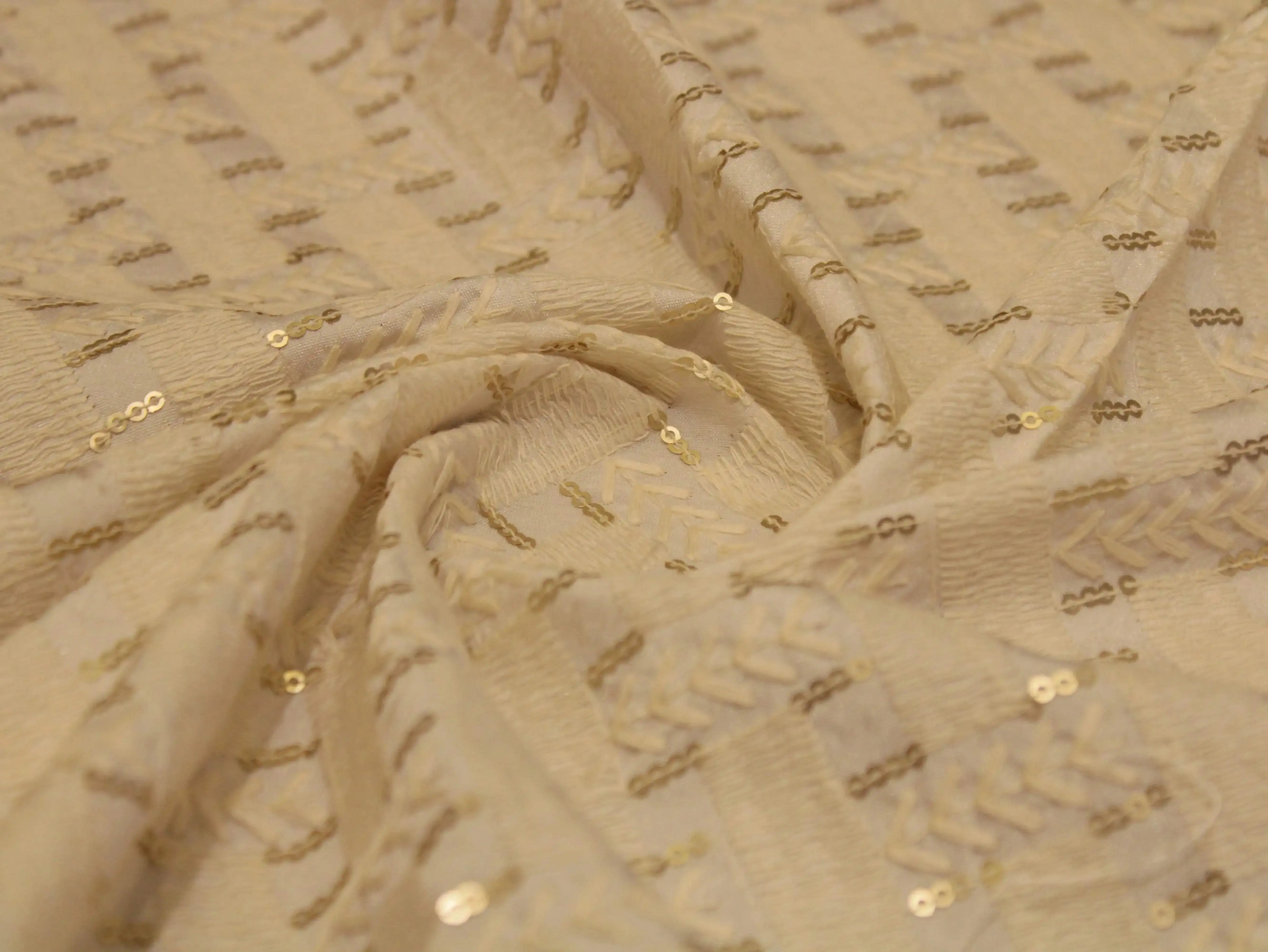 Raw Silk Thread & Sequin Work Fabric - White Dyeable - M'Foks