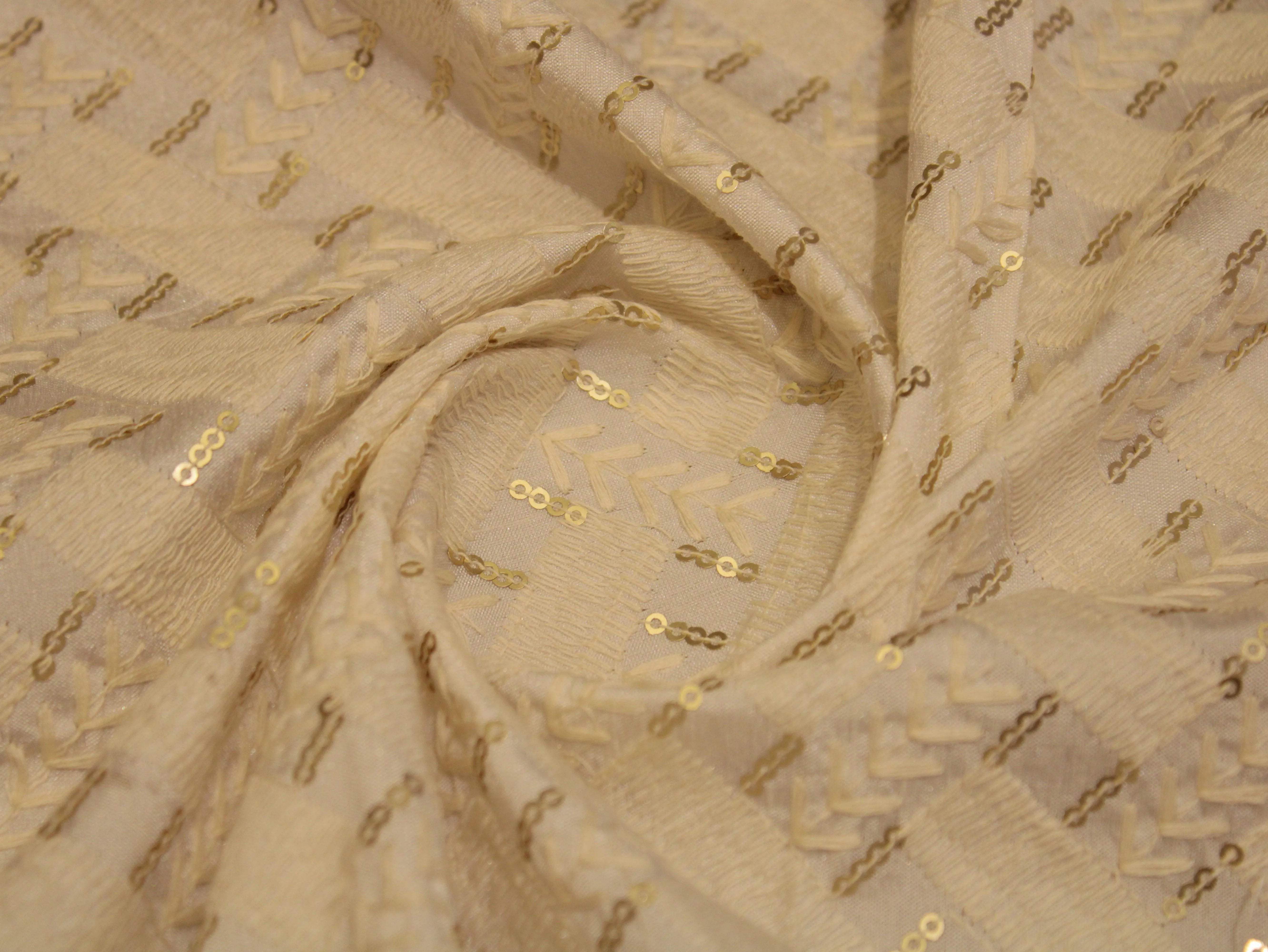 Raw Silk Thread & Sequin Work Fabric - White Dyeable - M'Foks
