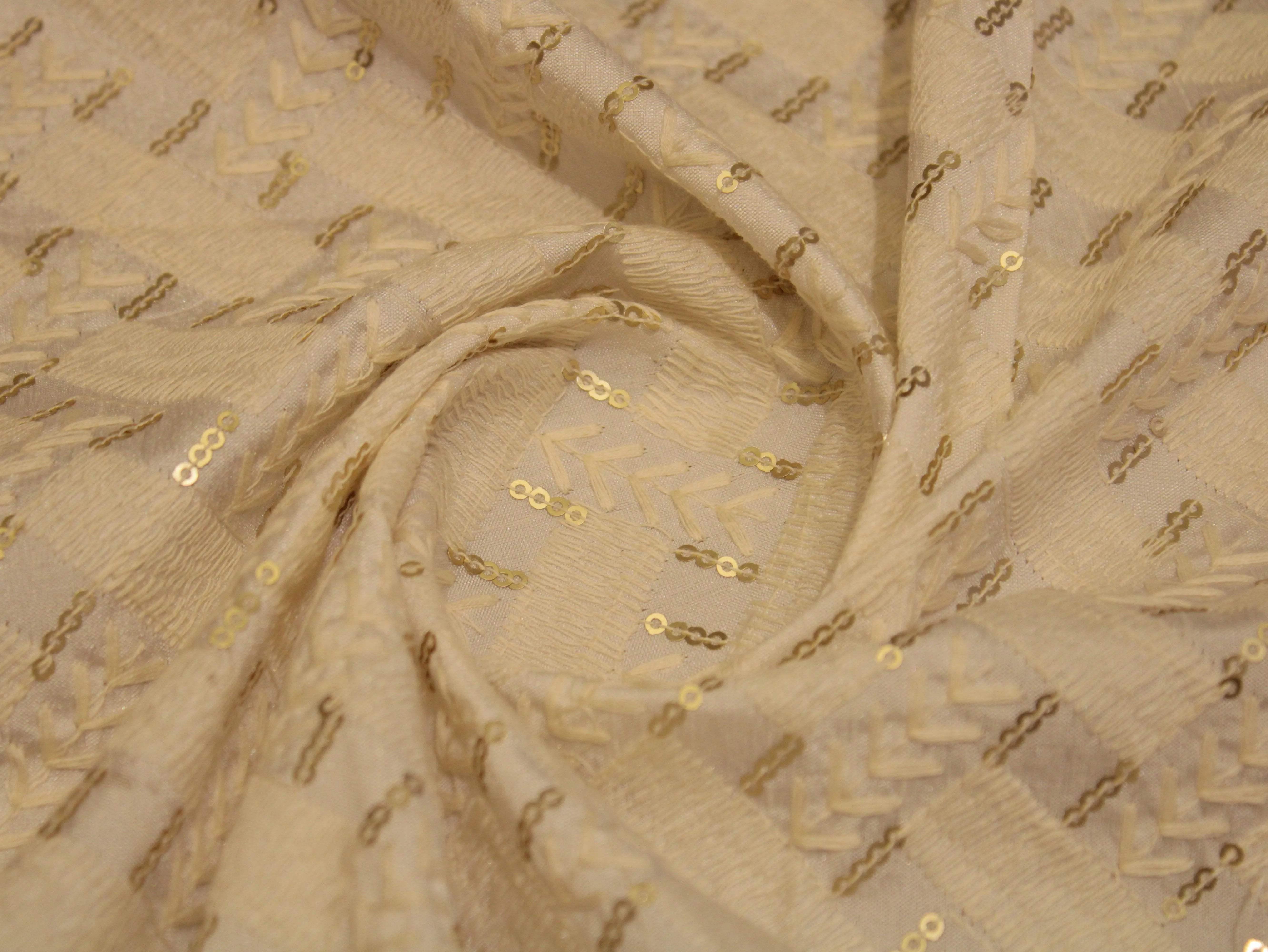 Raw Silk Thread & Sequin Work Fabric - White Dyeable - M'Foks