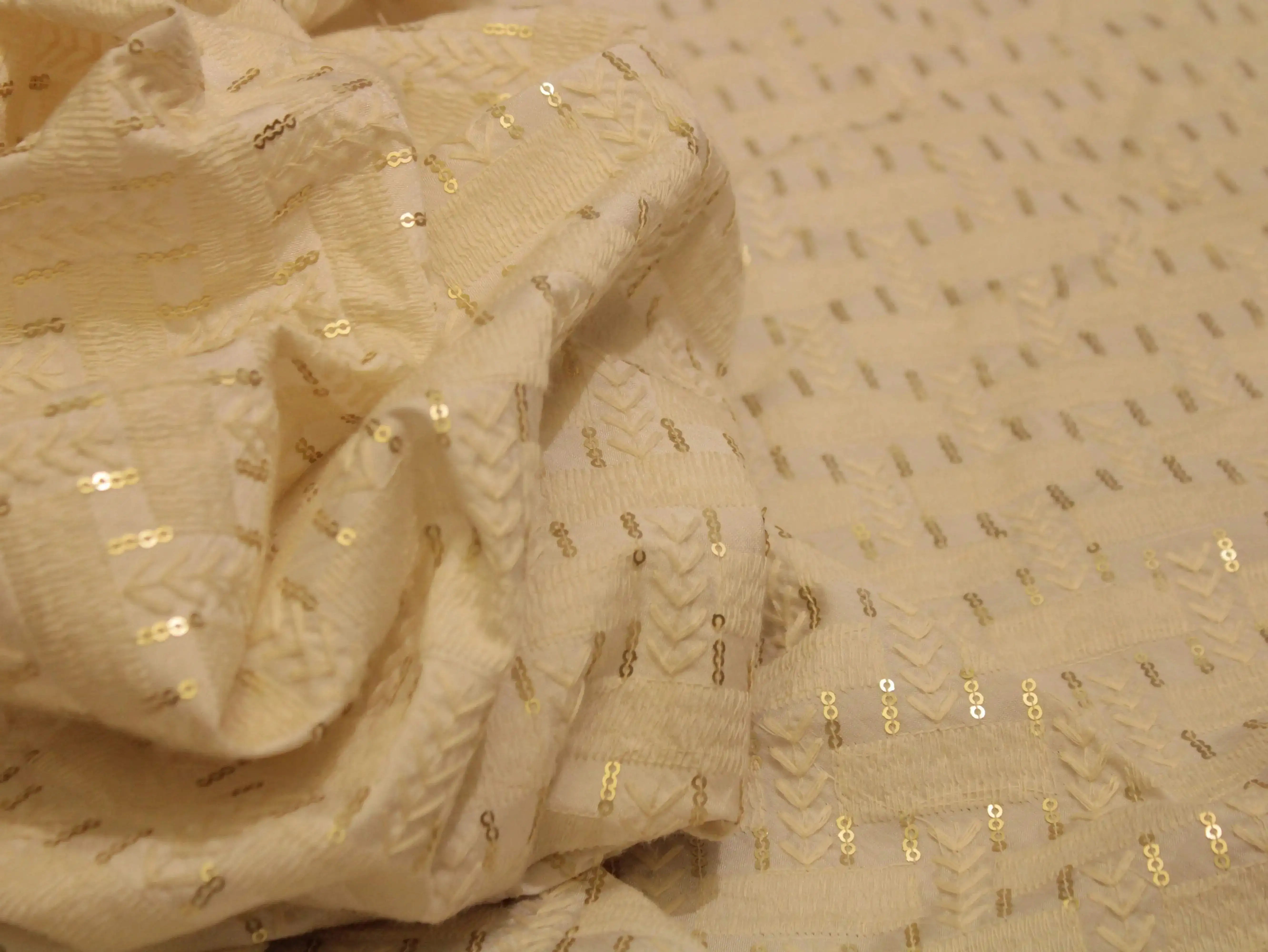 Raw Silk Thread & Sequin Work Fabric - White Dyeable - M'Foks