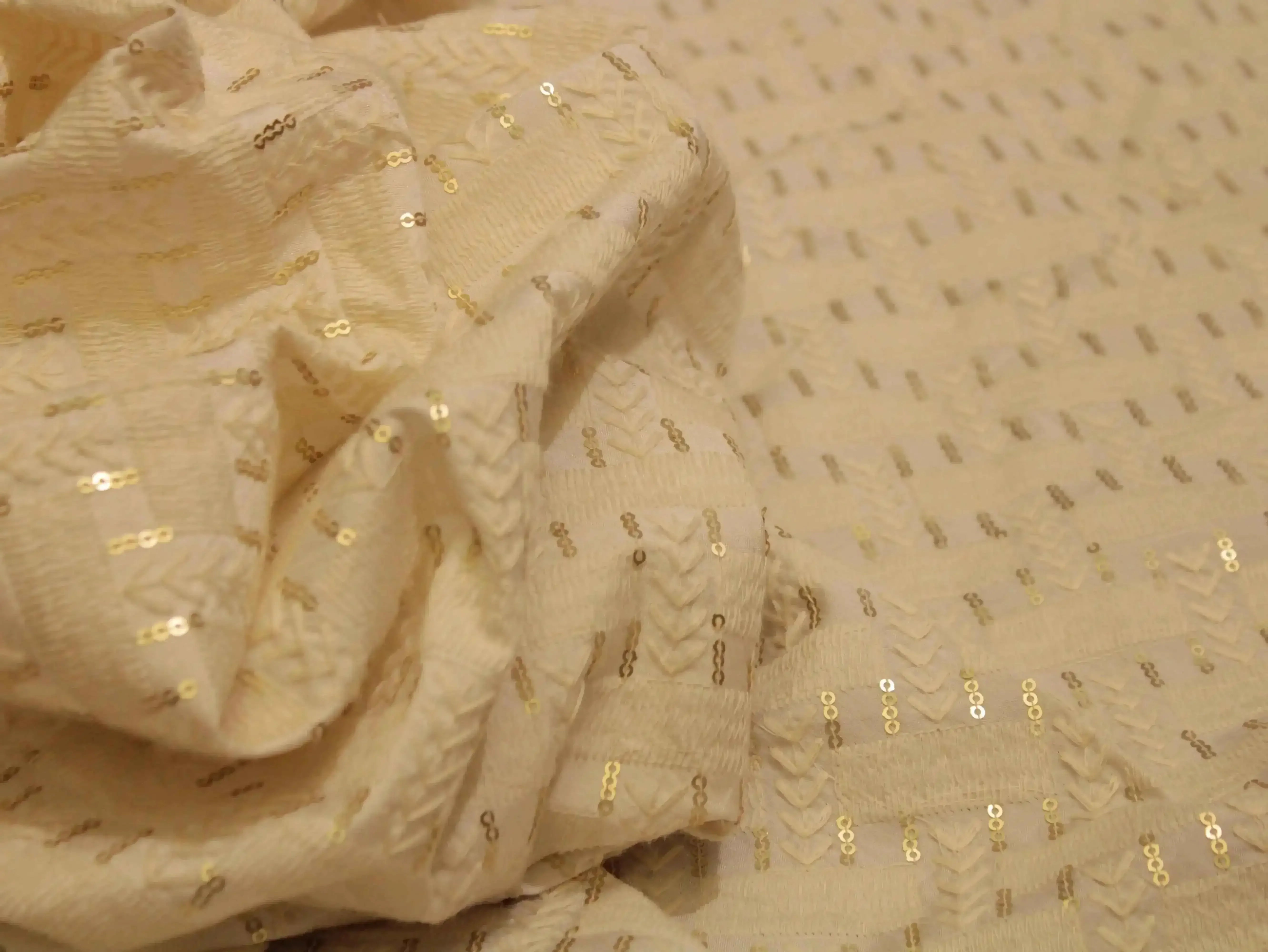 Raw Silk Thread & Sequin Work Fabric - White Dyeable