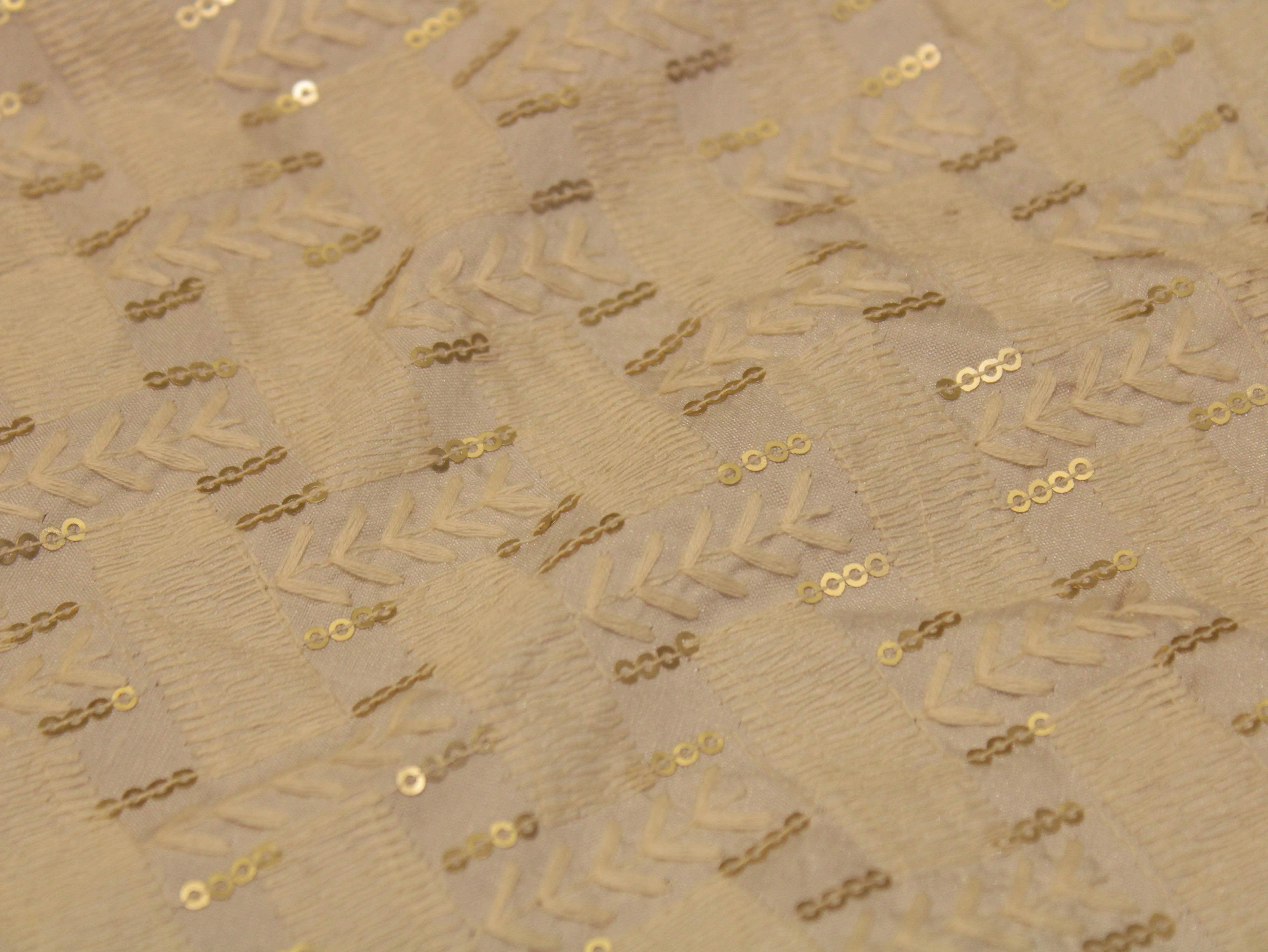 Raw Silk Thread & Sequin Work Fabric - White Dyeable - M'Foks