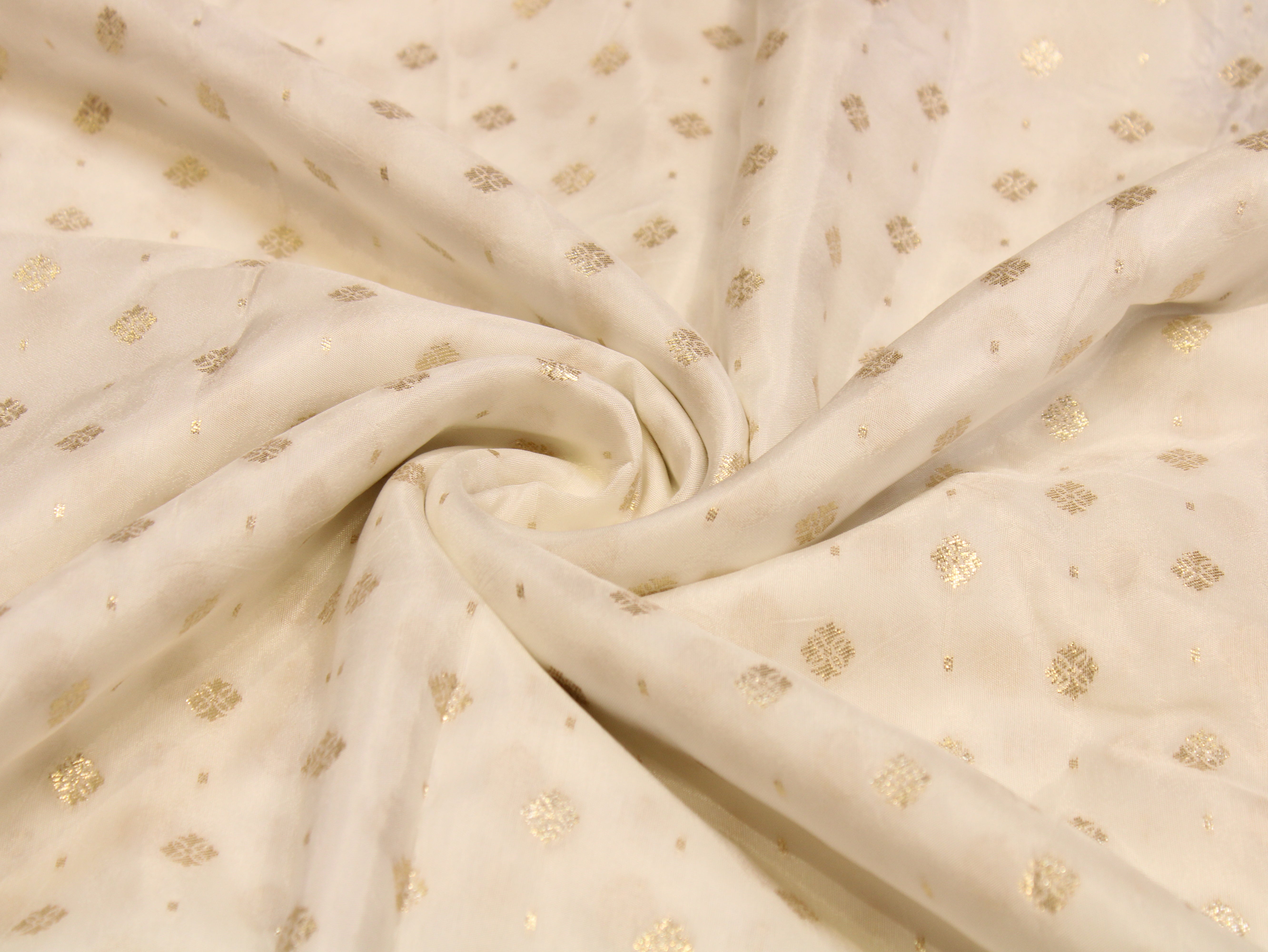 Dyeable Dola Silk Fabric — White | Gold Zari Woven Butti Allover | 44 Inch