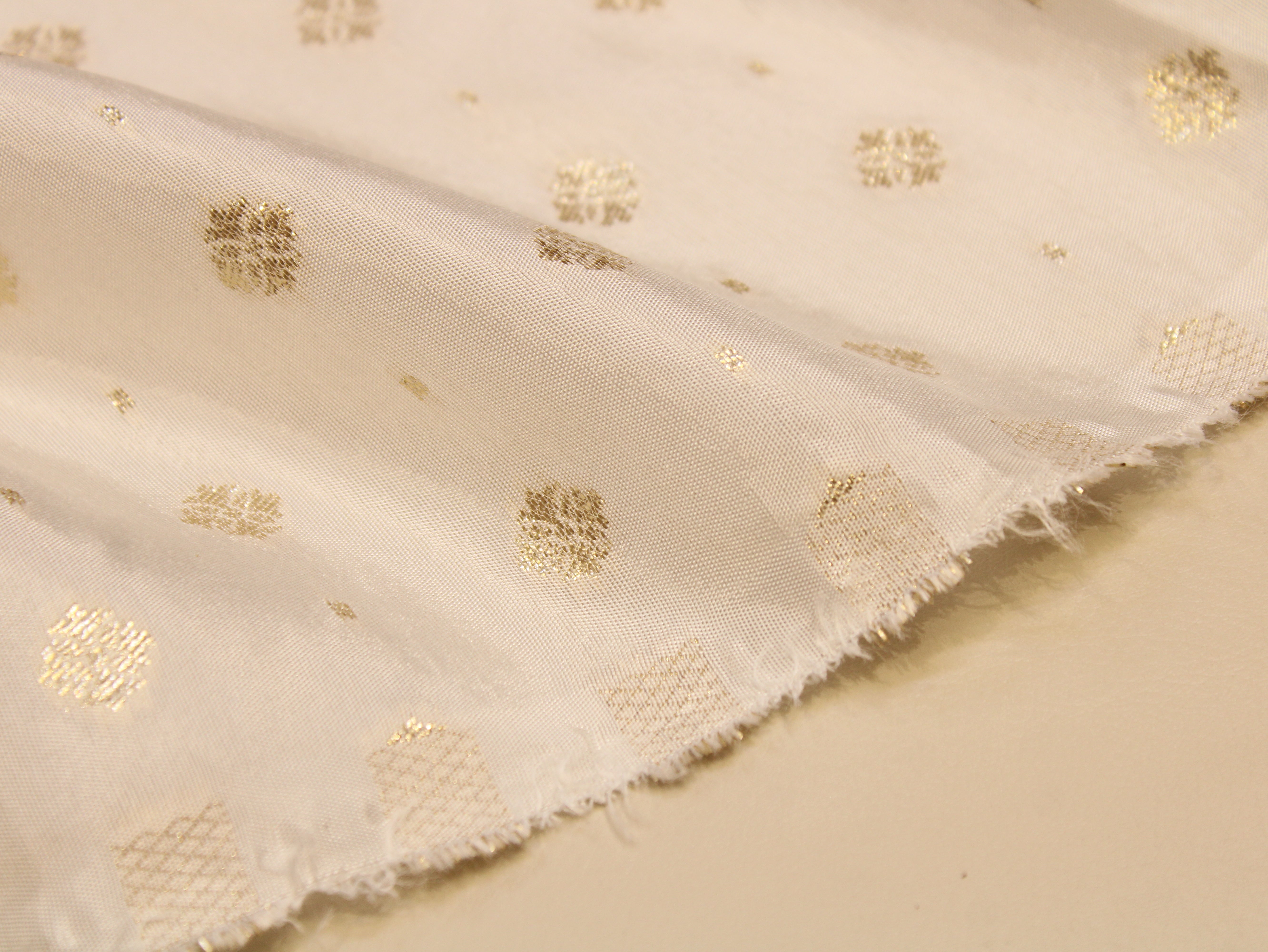 Dyeable Dola Silk Fabric — White | Gold Zari Woven Butti Allover | 44 Inch