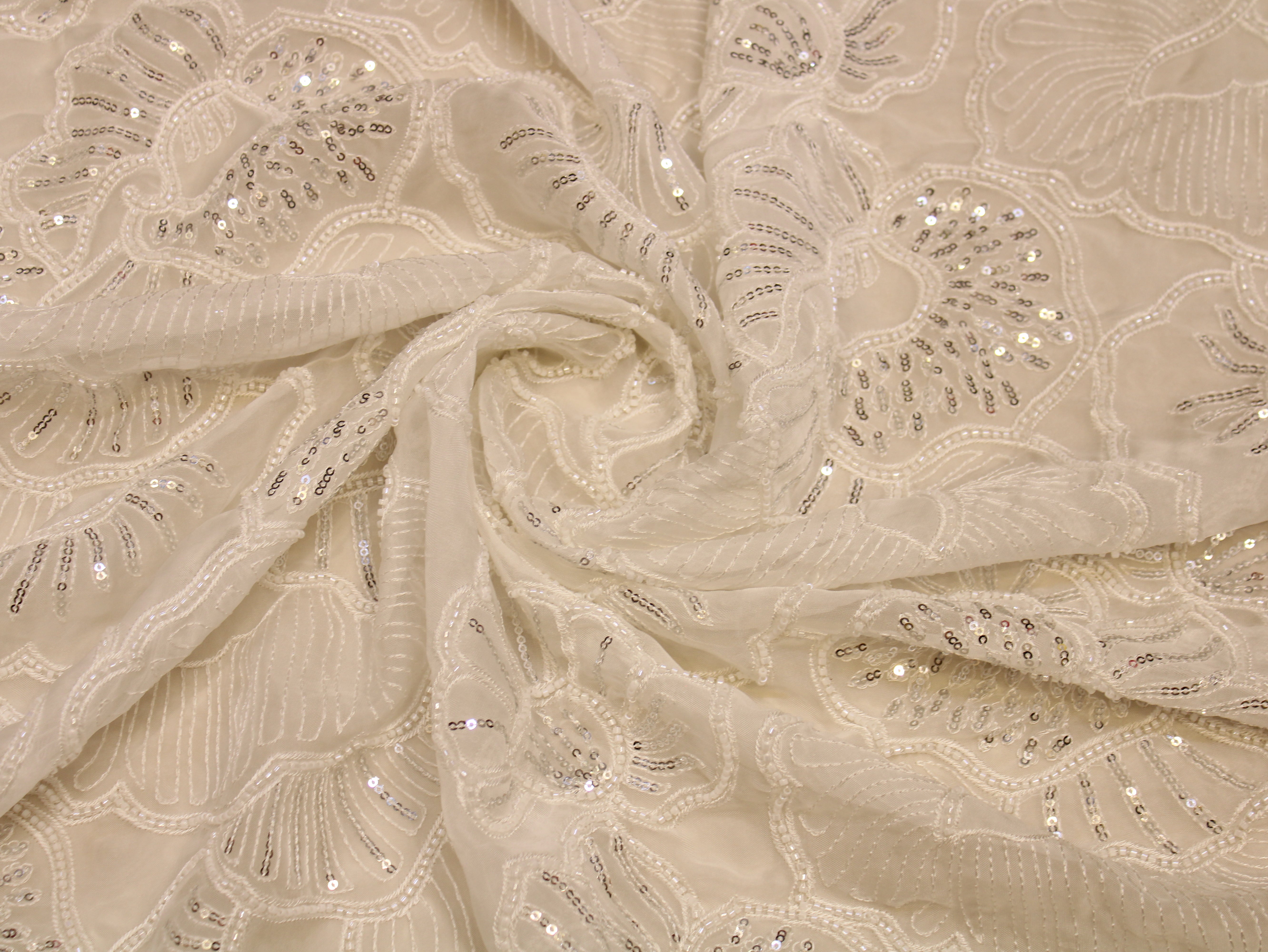 Dyeable Viscose Organza Fabric — Champagne | Floral Sequin & Thread Heavy Work | 44 Inch