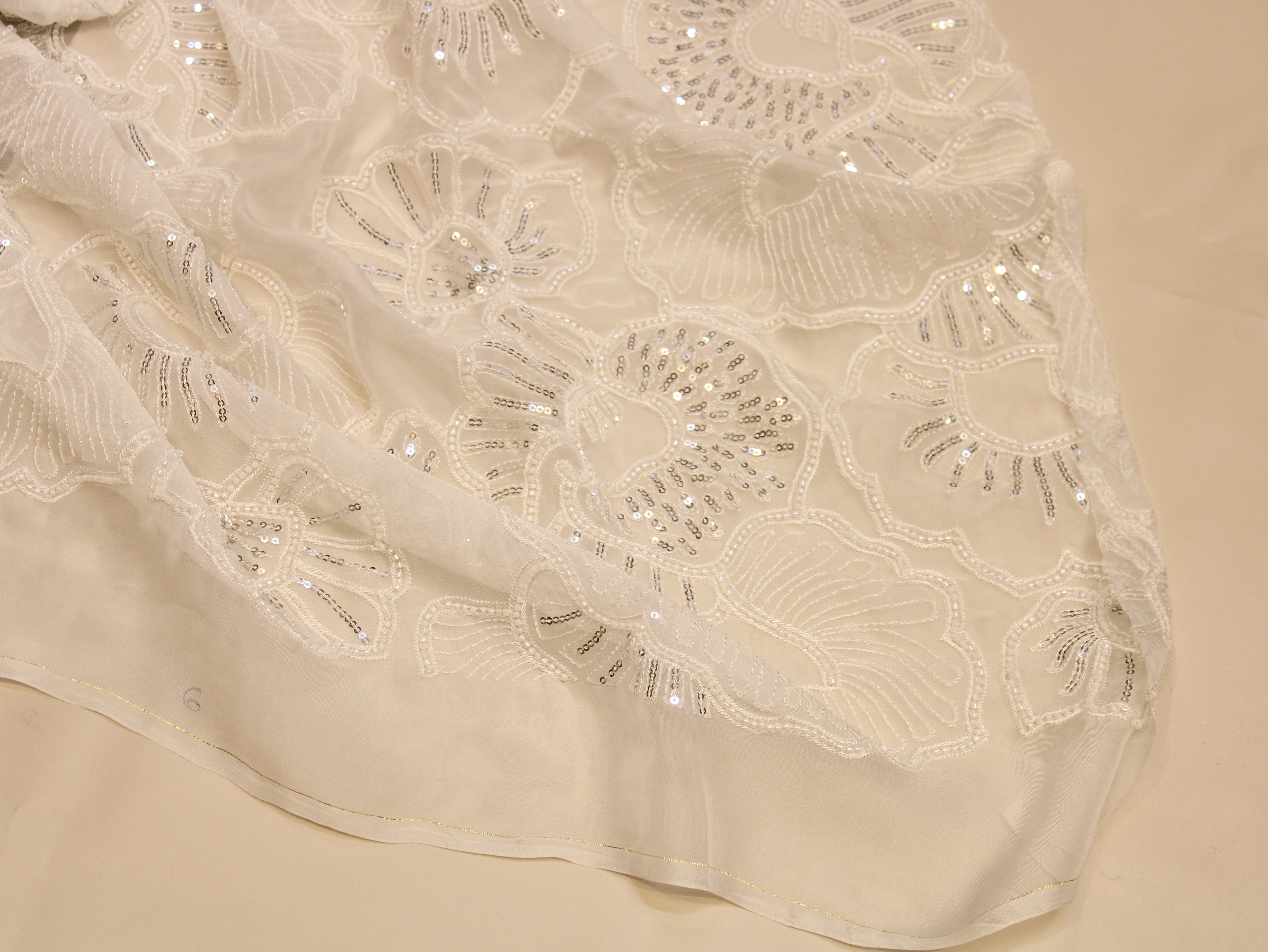 Dyeable Viscose Organza Fabric — Champagne | Floral Sequin & Thread Heavy Work | 44 Inch