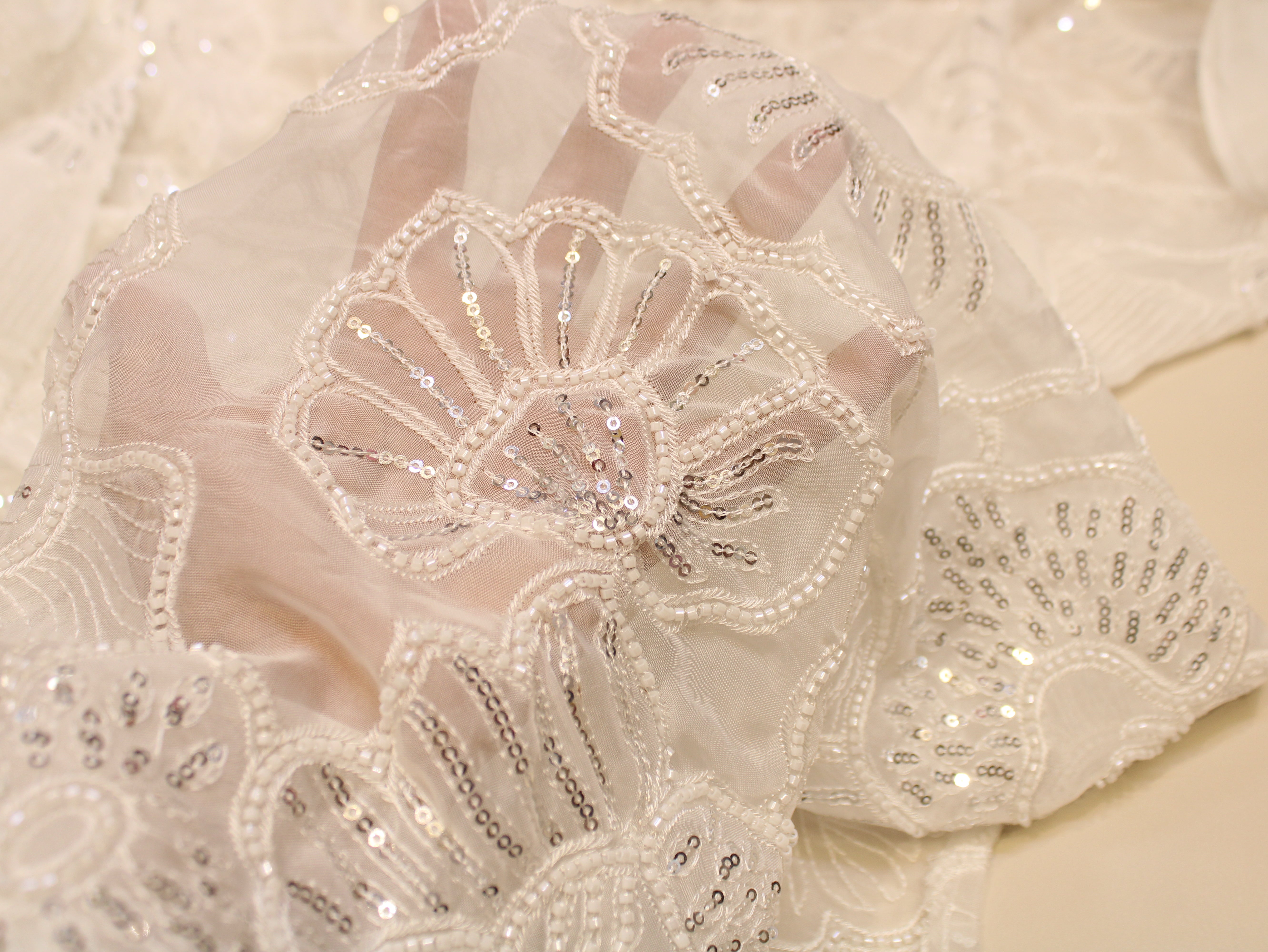 Dyeable Viscose Organza Fabric — Champagne | Floral Sequin & Thread Heavy Work | 44 Inch