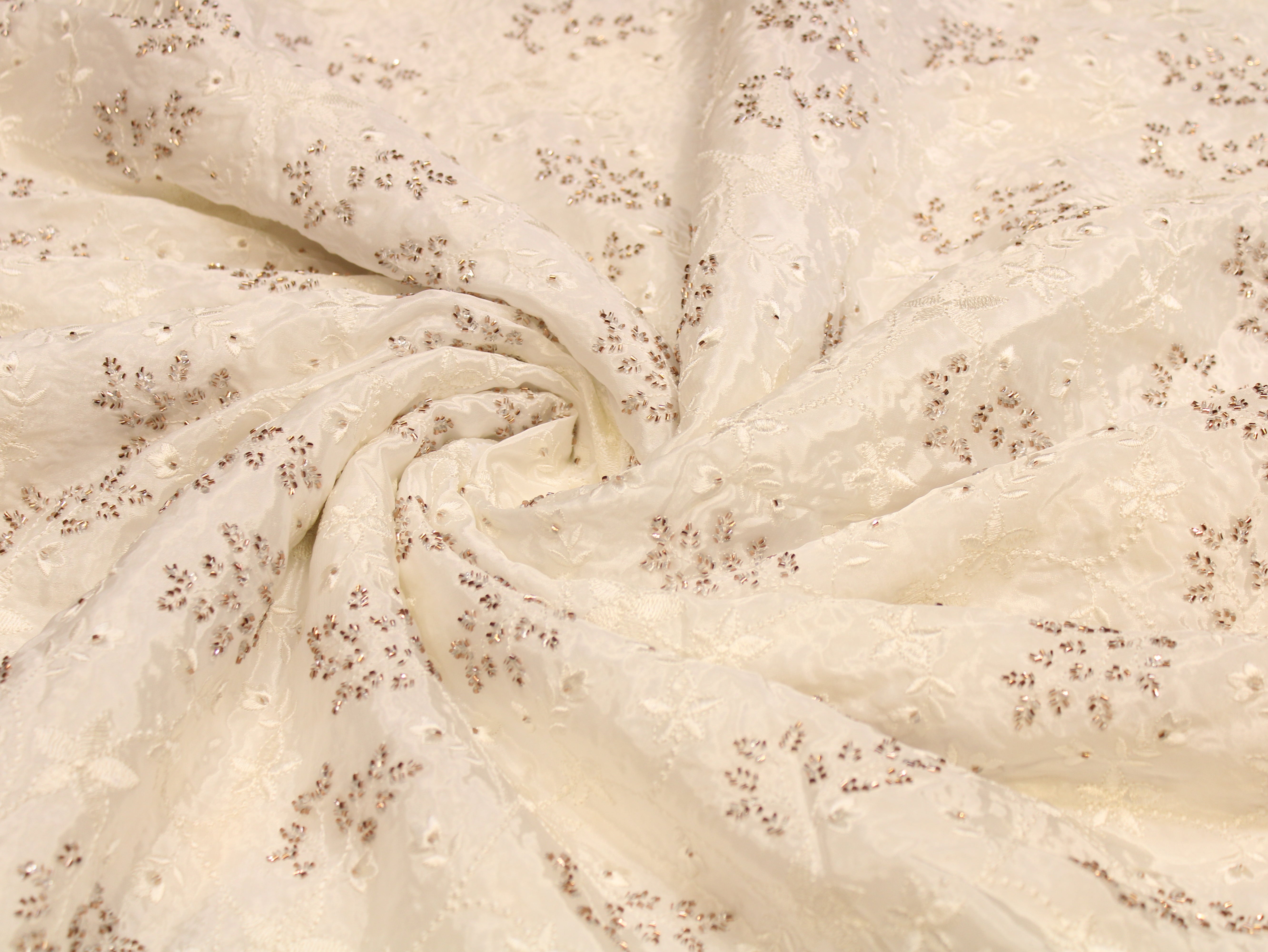 Dyeable Natural Crepe Fabric — Champagne | Semi Beads & Thread Floral Work | 44 Inch | Per Metre