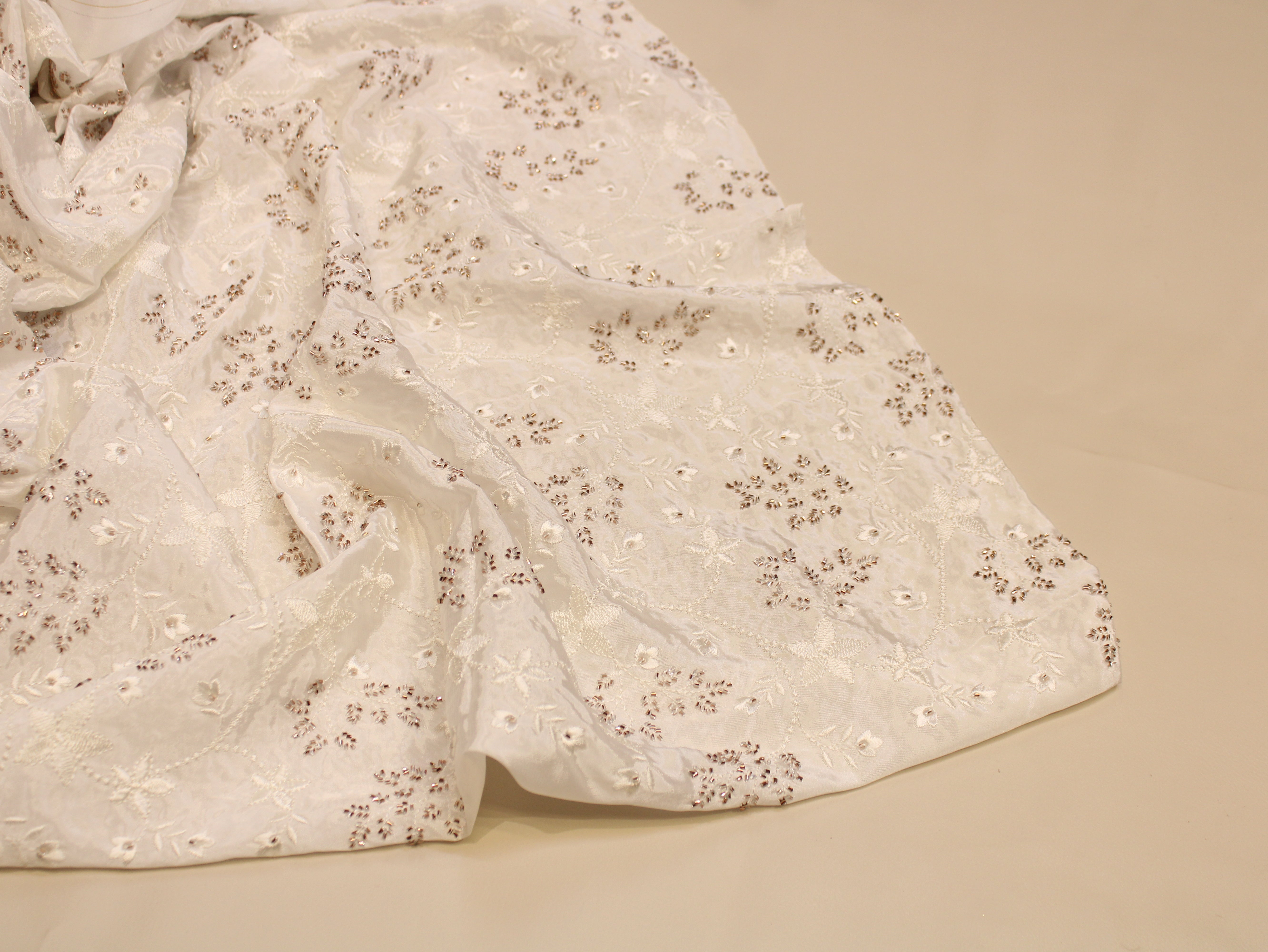 Dyeable Natural Crepe Fabric — Champagne | Semi Beads & Thread Floral Work | 44 Inch | Per Metre