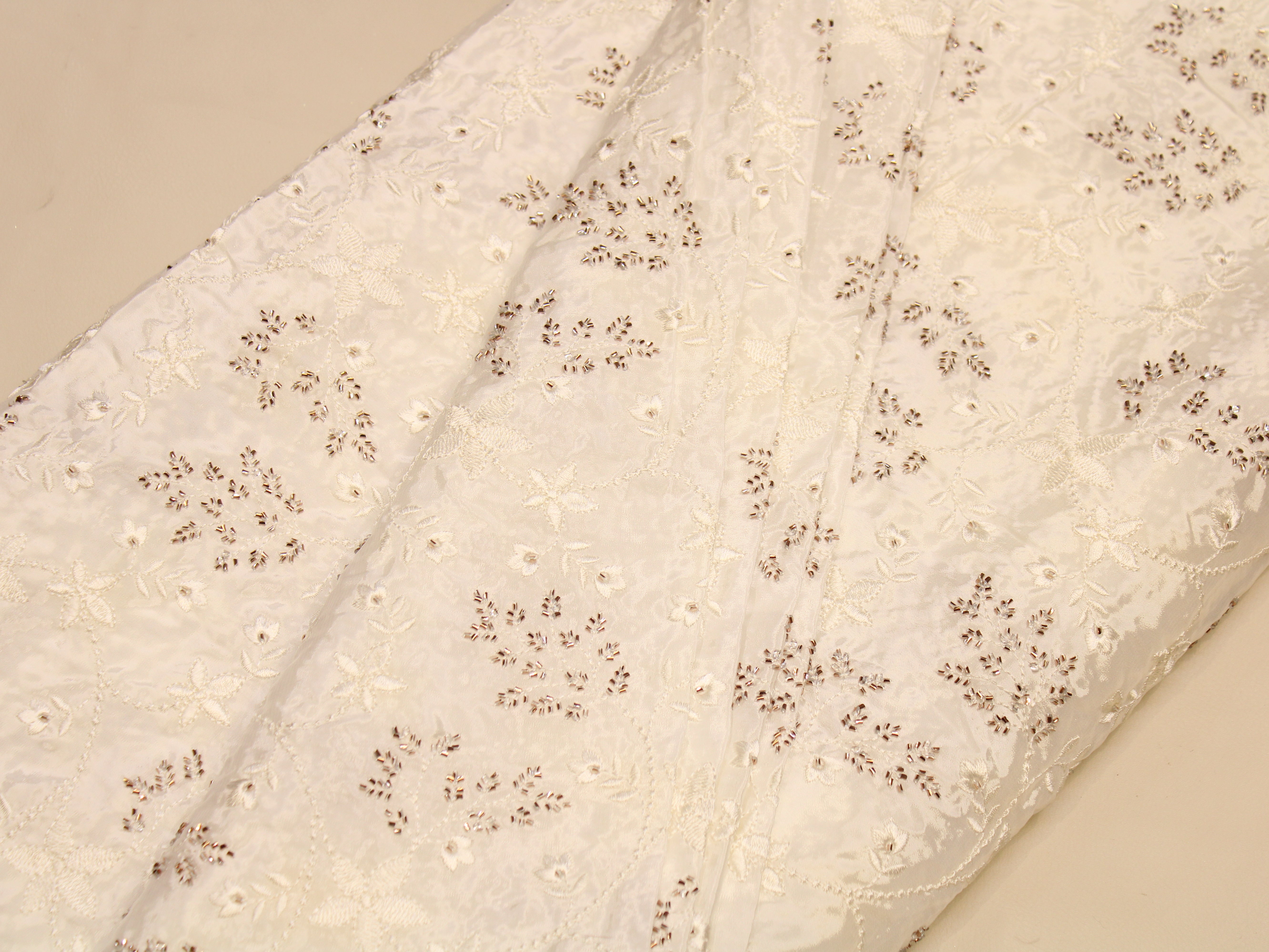 Dyeable Natural Crepe Fabric — Champagne | Semi Beads & Thread Floral Work | 44 Inch | Per Metre