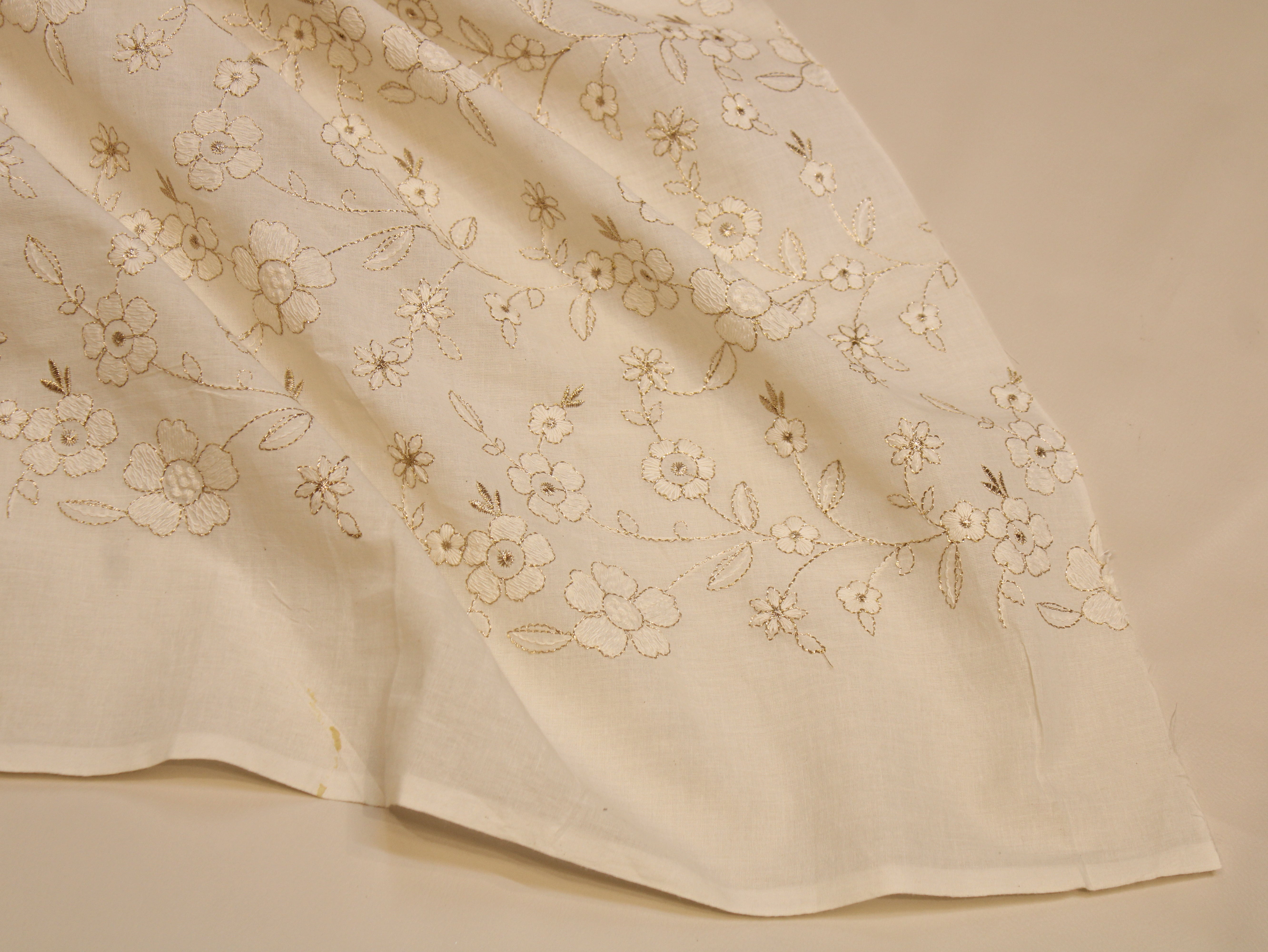 Dyeable Cora Cotton Fabric — White | Gold Zari & Thread Floral Embroidery | Botanical Vine | 44 Inch