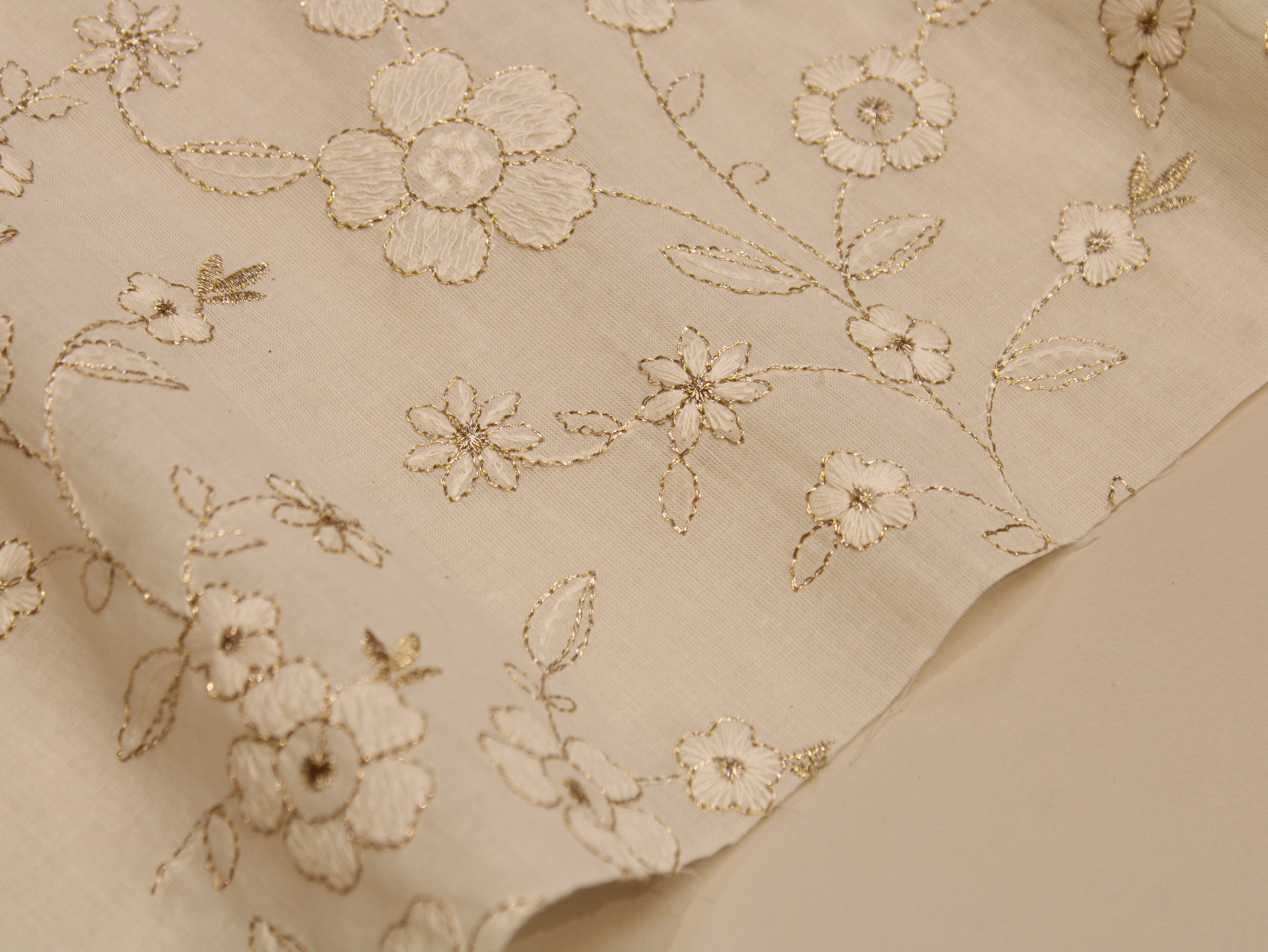 Dyeable Cora Cotton Fabric — White | Gold Zari & Thread Floral Embroidery | Botanical Vine | 44 Inch