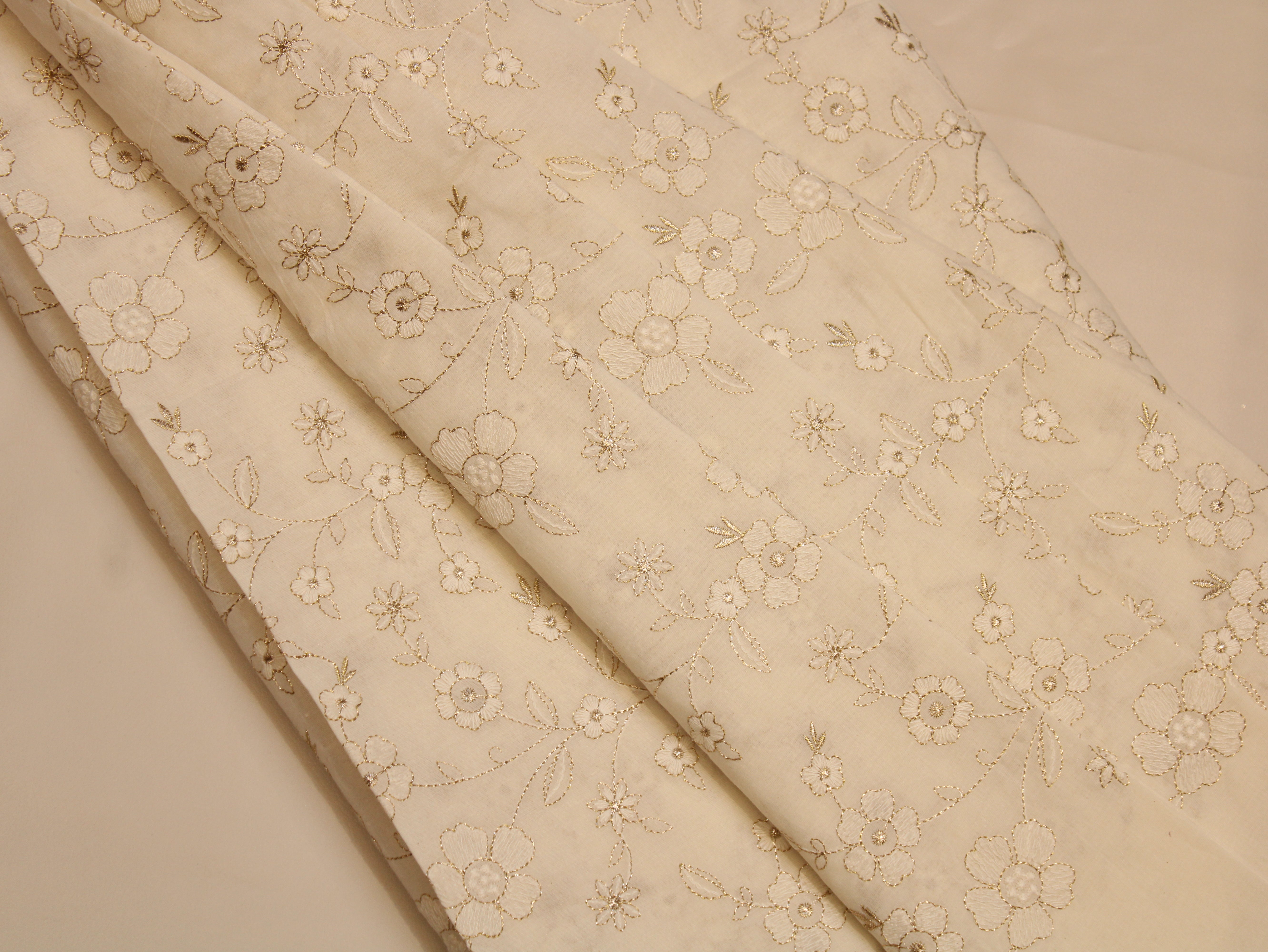Dyeable Cora Cotton Fabric — White | Gold Zari & Thread Floral Embroidery | Botanical Vine | 44 Inch