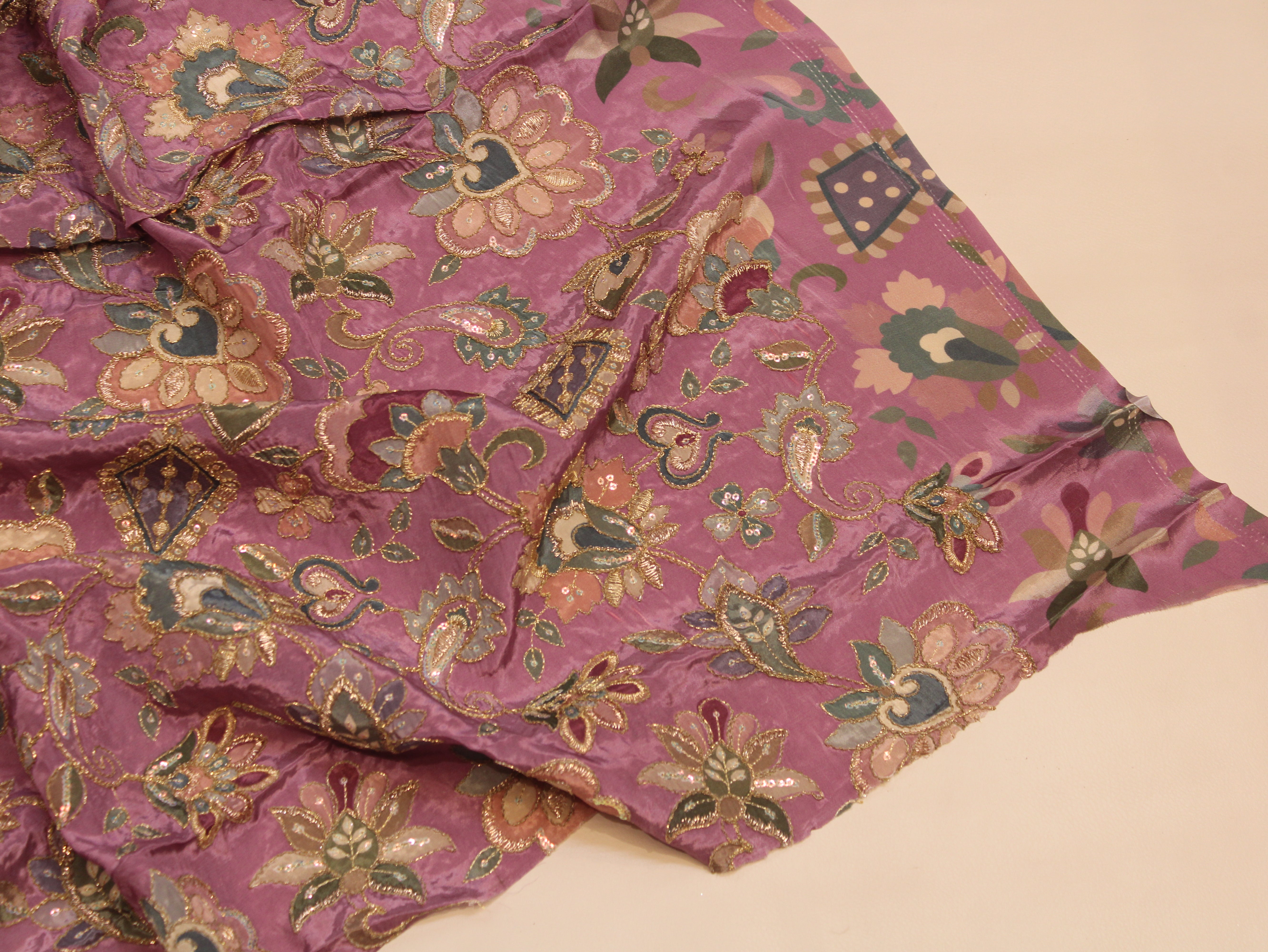 Natural Crepe Position & Cording Work Fabric — Mauve | Gold Zari | 44 Inch