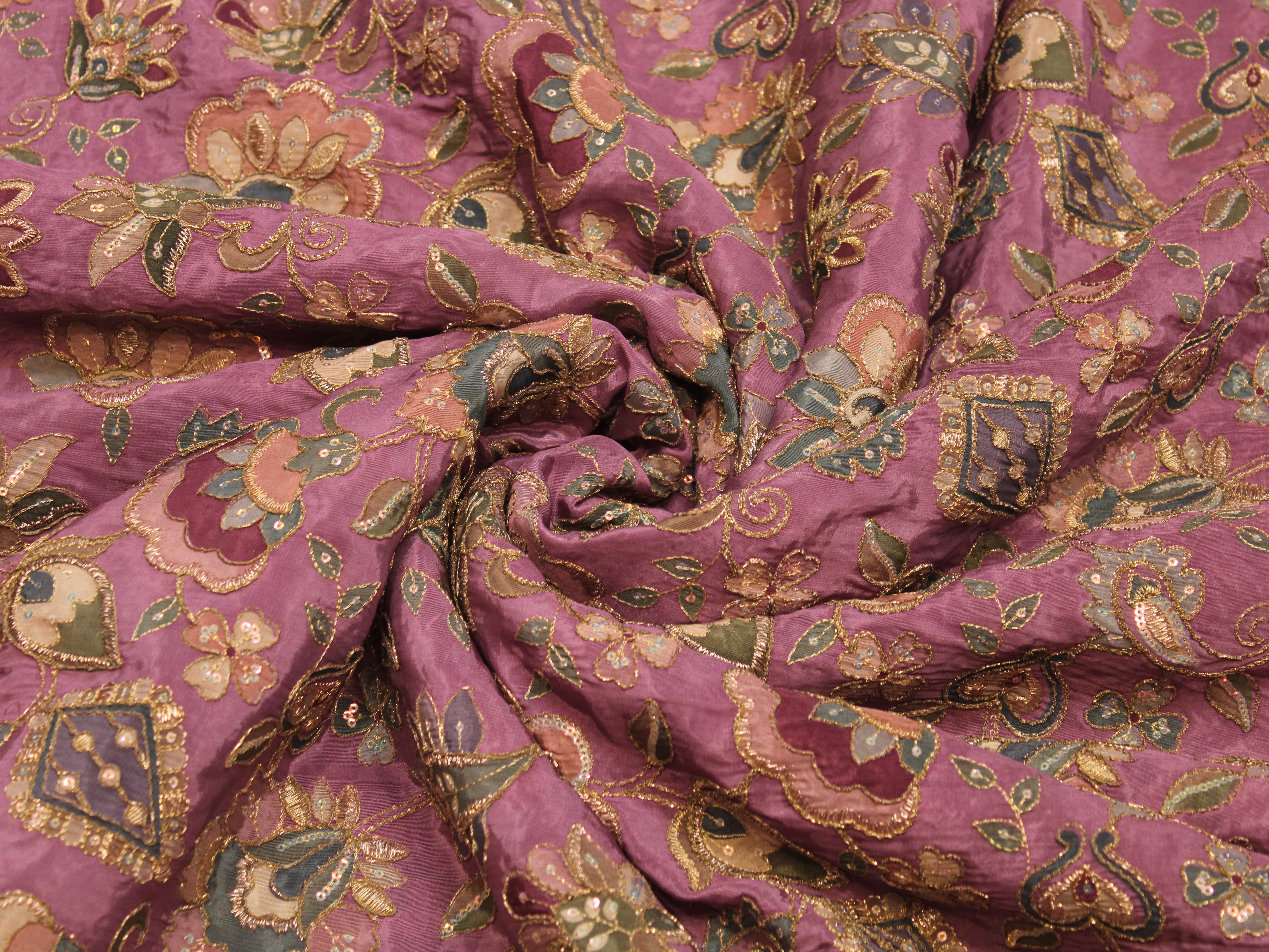 Natural Crepe Position & Cording Work Fabric — Mauve | Gold Zari | 44 Inch