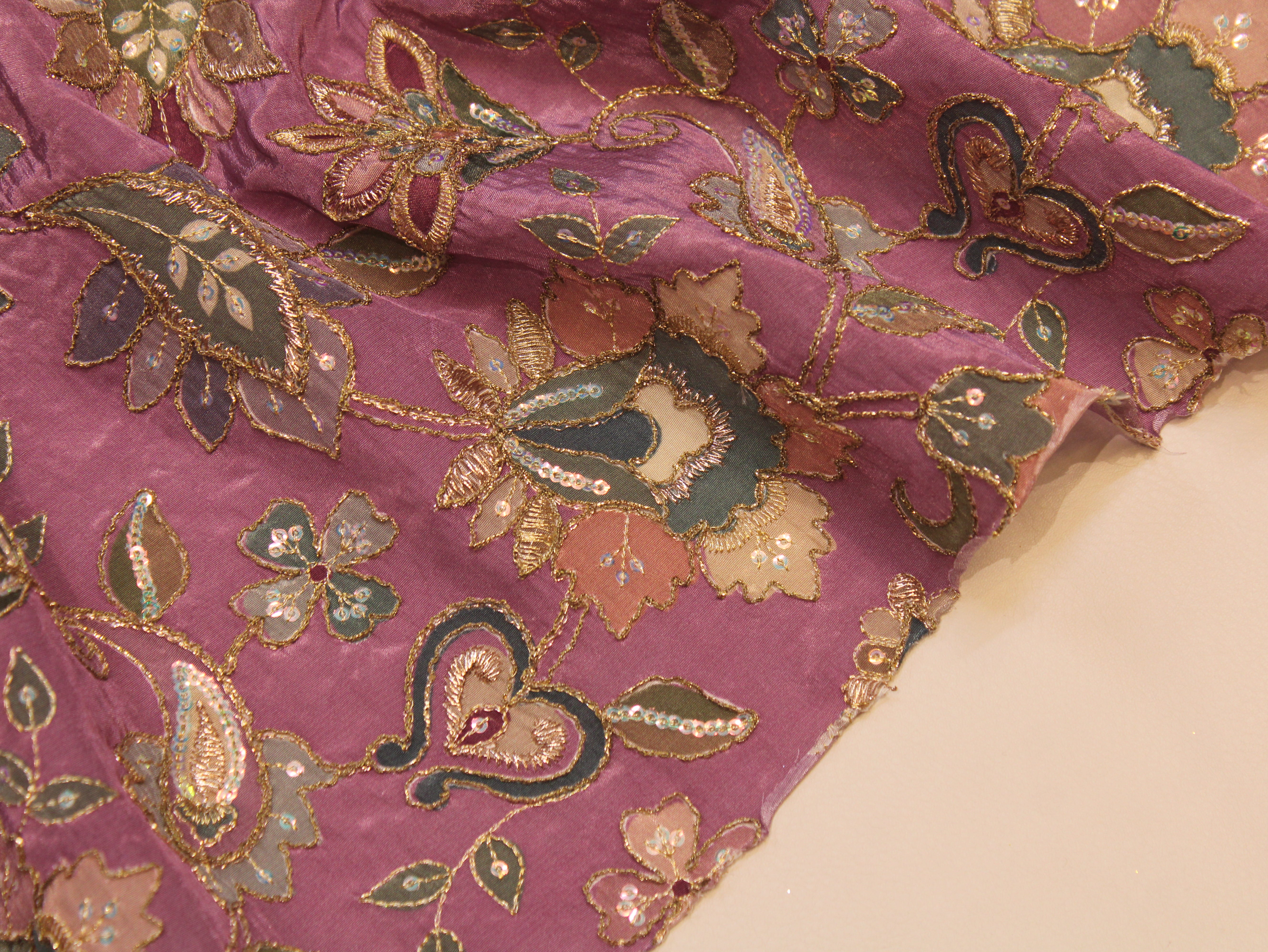 Natural Crepe Position & Cording Work Fabric — Mauve | Gold Zari | 44 Inch