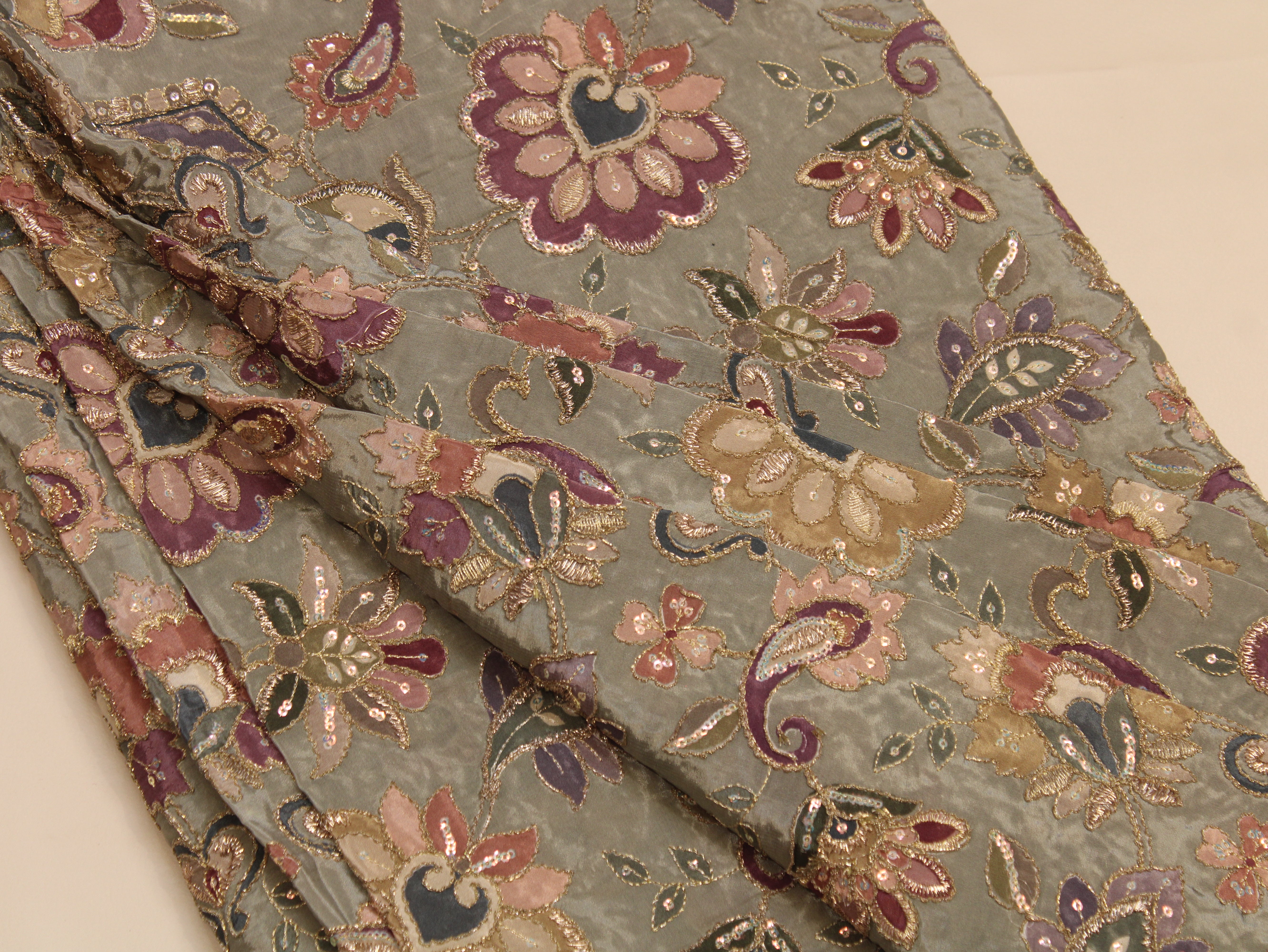 Natural Crepe Position & Cording Work Fabric — Sage Green | Gold Zari | 44 Inch