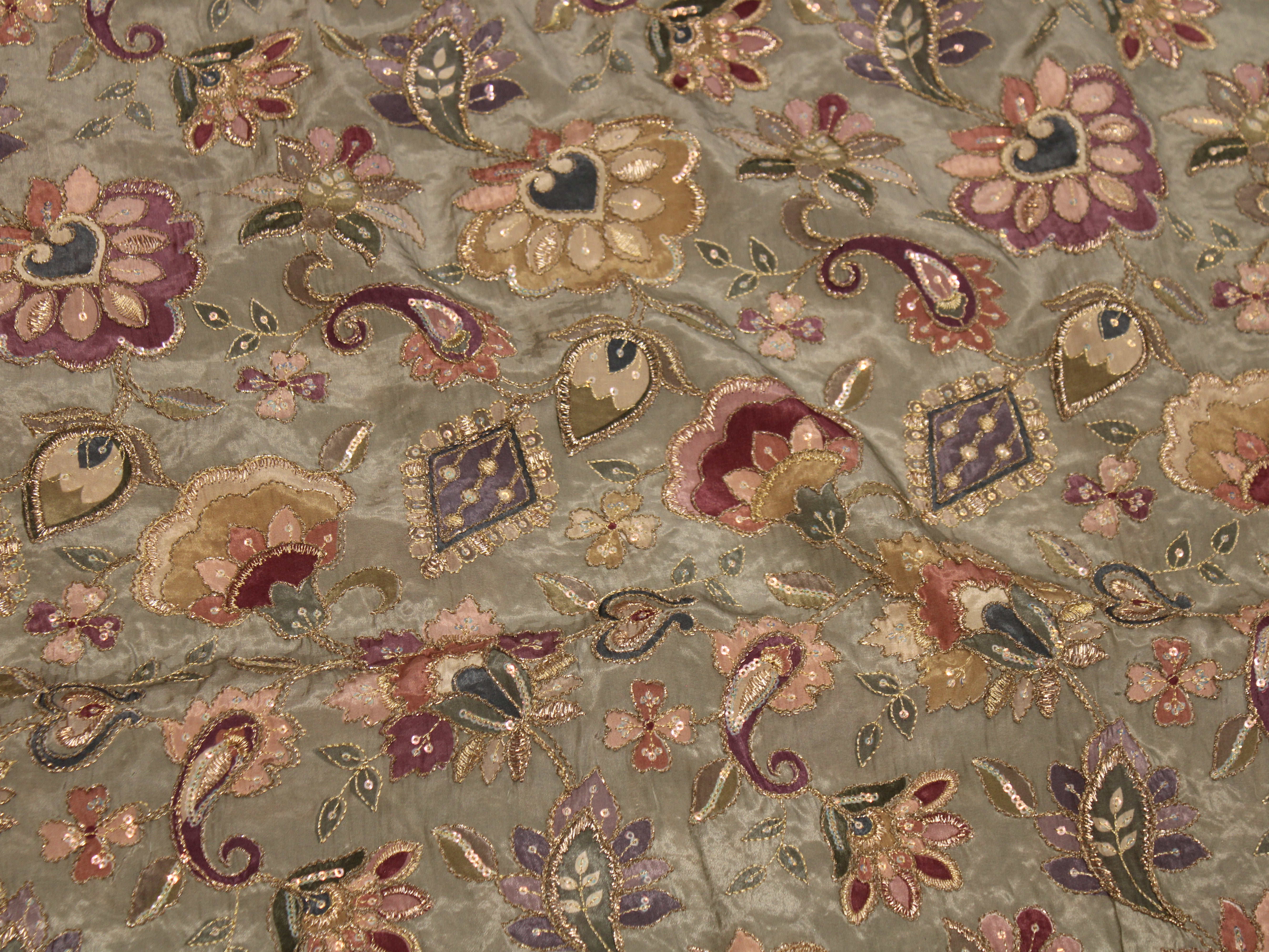 Natural Crepe Position & Cording Work Fabric — Sage Green | Gold Zari | 44 Inch